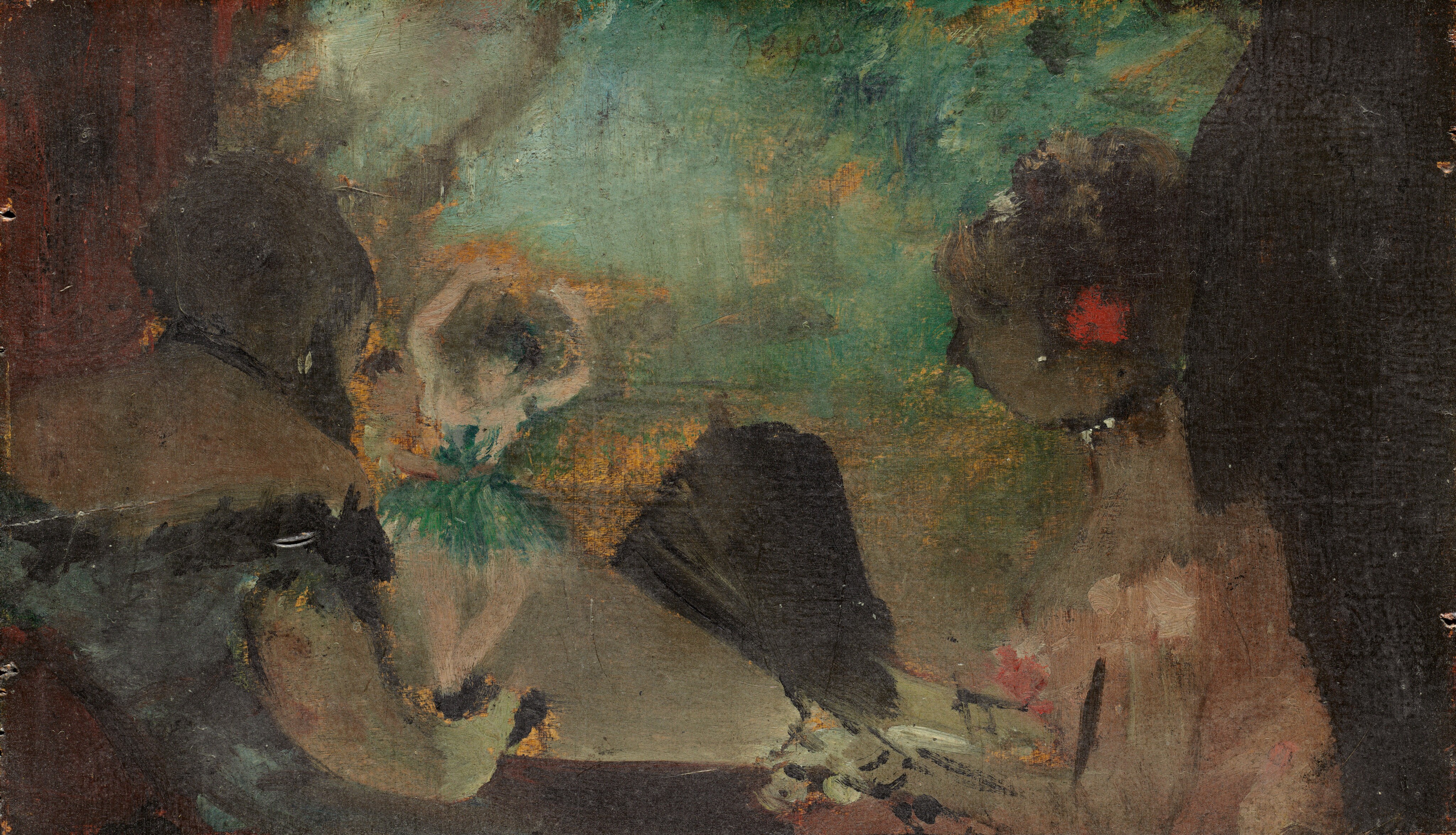 Upon first glance, the shapes and colors in this painting are hard to distinguish. After closer inspection, three women become visible, all with pale skin, light hair, and indistinct facial features. On the left, the back of a woman's head and shoulder are visible as she leans toward the edge of a low wall or balcony. She wears a dark blue, off-the-shoulder dress with a black neckline. Next to her, on the right, is a woman in profile, looking to the left. In her hair there is a bright red accessory, perhaps a flower or the side of an earmuff. She wears a pink dress with a ruffled neckline, a black necklace high on her neck, and a small white earring. She holds a black fan near her face. In the background, behind them, is a dancer in a green dress, her arms extended above her head. The two women in the balcony look out at the dancer. The ground beneath the dancer is light brown, and the background behind her is abstract, with soft hues of green and orange. A red curtain frames the woman in the balcony to the left, and there is a black curtain on the right.