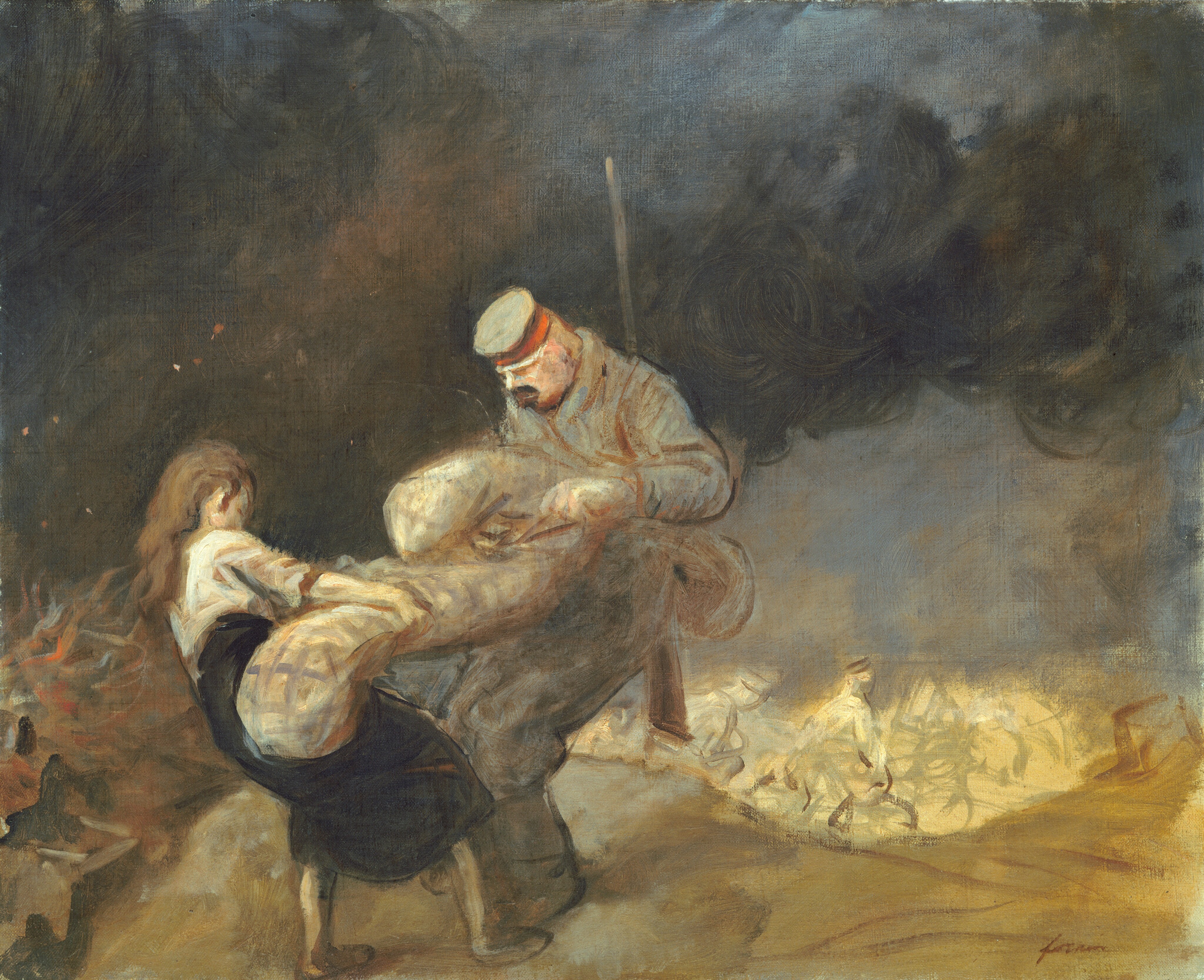 The image shows two people lifting a large sack. One person is male, sitting on the ground, wearing a light-colored uniform with a cap. He has facial hair and a solemn expression. The other person, presumably female, is standing with long brown hair, wearing a long-sleeved top and dark skirt. The background shows swirling smoke, suggesting a tense atmosphere.