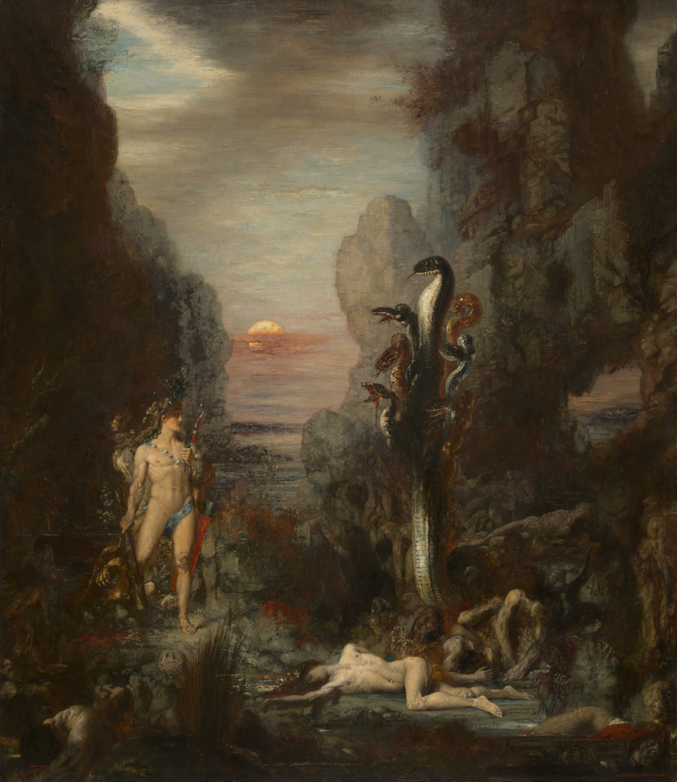 Painting depicting the god Hercules confronting the Hydra, a mythical creature. Amidst towering, rocky cliffs, Hercules stands on the left of the painting, dressed in clothing that exposes his figure. He looks to the right, where the seven-headed hydra rears up, bearing its teeth. A nude figure of a woman is on the ground in front of the Hydra, and an orange sun peeks from behind red clouds in the background.