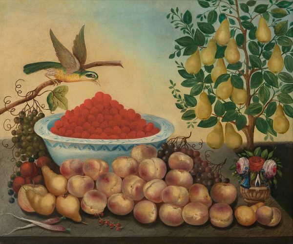 This painting shows a bowl of red raspberries resting on a surface. The bowl is pale blue with blue details on the rim, and it is surrounded by a pile of pale peaches and pears, red plums, and green and purple grapes. In the bottom left corner, there are some pale purple-and-white carrots and a small group of red berries. On the right is a tree with yellow pears and a small vase with red and white roses. On the left is a thin brown branch with a bird perched on it. The bird has a green back and a yellow chest, and it is leaning down towards the raspberries, its wings flared and its beak partially open. The surface these items rest on is dark gray and the background is a gradient of pale yellow on the left and light blue on the right.
