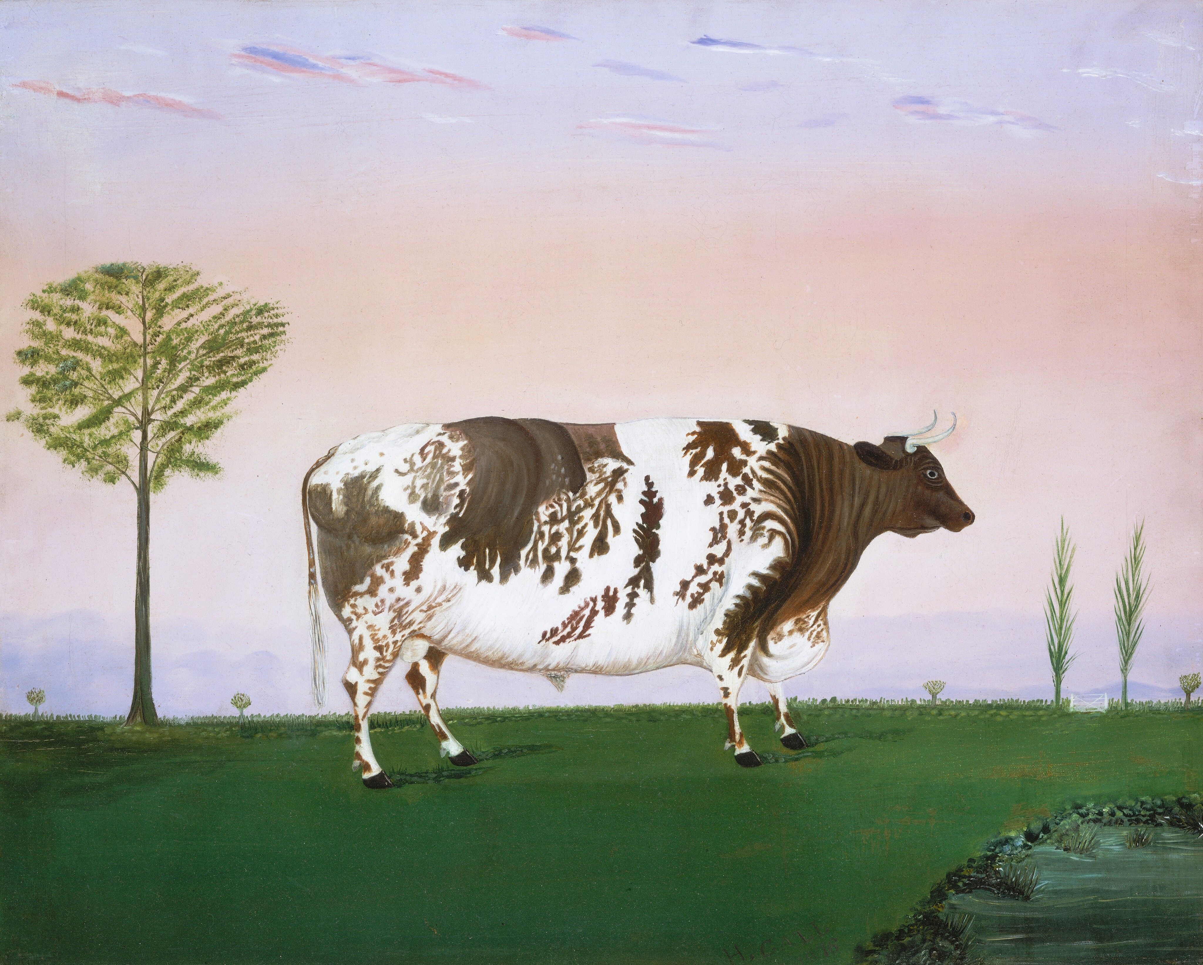This painting depicts a large bull standing in a grassy plain. The bull is seen from the side, facing the right. Its head is a rich brown color, while its body and legs are swirled with patches of white and brown. Its head is small compared to its large body, and it has two thin, white horns facing forward. The background shows a low horizon with a few small green trees and shrubs, set against a pastel pink and purple sky. In the lower right corner is a small pool of green water, the edge surrounded by small tufts of grass.
