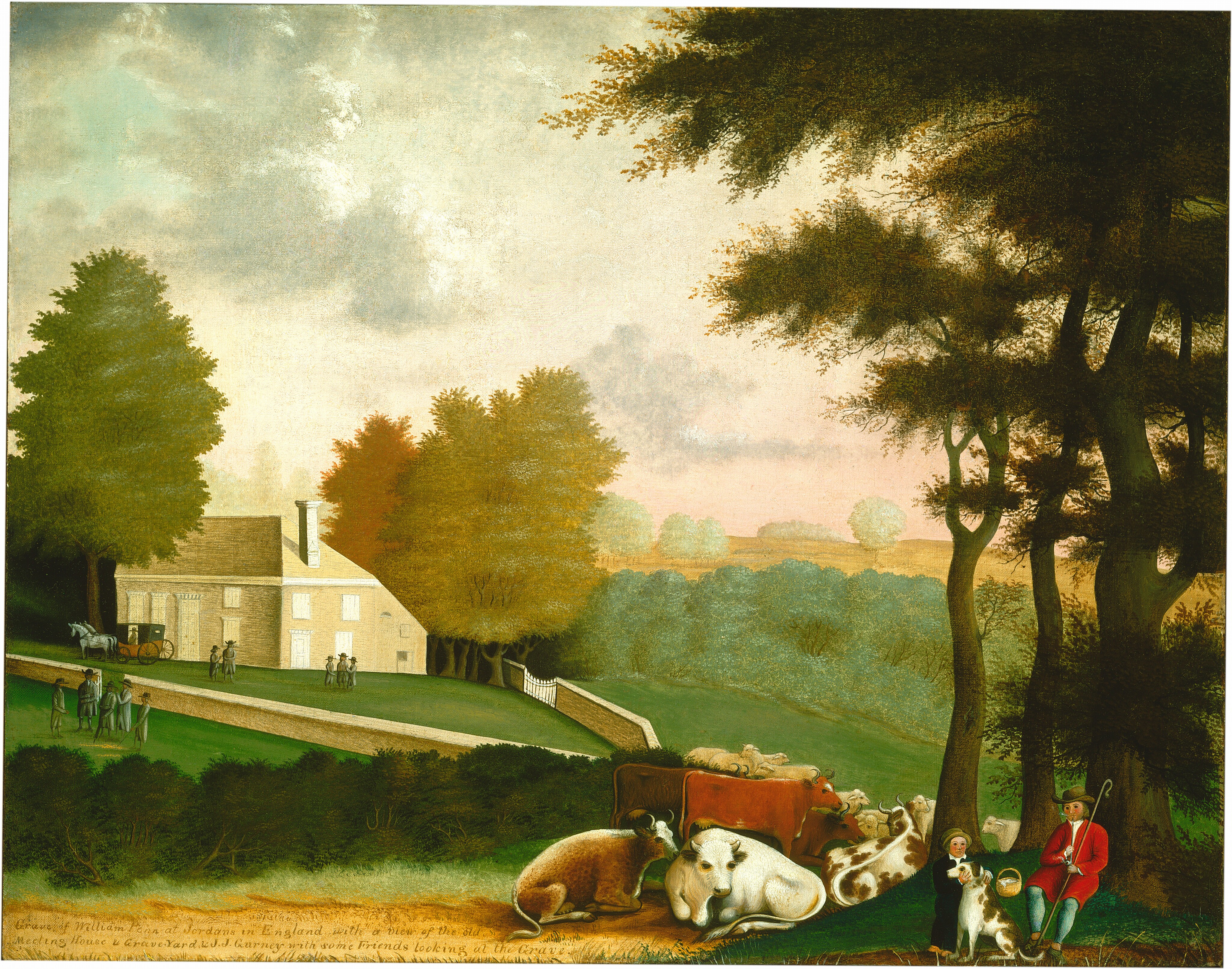 This painting shows a pastoral setting with a large white-and-gray house on a hill to the left. Distant people stand in front of the house, along with a horse-drawn wagon. In the bottom right corner, two people sit in the grass under a tree, one dressed in red holding a tall crook and the other wearing a black garment and a yellow hat and petting a large brown-and-white dog. There is a basket on the ground between them, and next to them is a large herd of cows and sheep, all resting on the grass. The landscape includes trees with green leaves and yellow hills in the distance. The sky above is in pastel shades of pink and blue, with fluffy clouds. In the bottom left, a patch of yellow ground has several lines of text written over it.