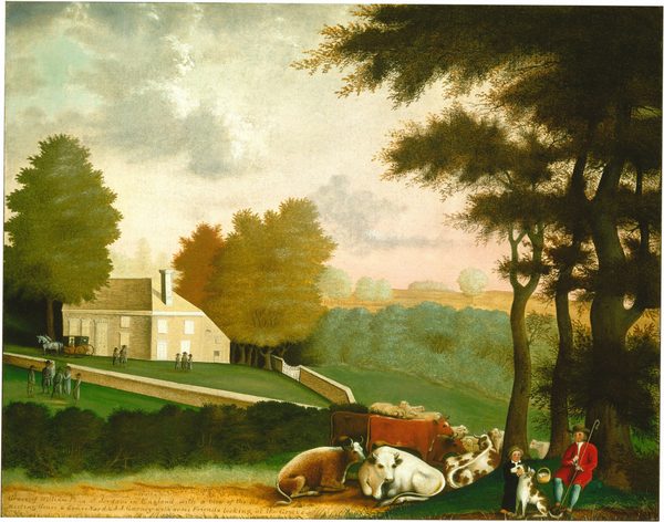 This painting shows a pastoral setting with a large white-and-gray house on a hill to the left. Distant people stand in front of the house, along with a horse-drawn wagon. In the bottom right corner, two people sit in the grass under a tree, one dressed in red holding a tall crook and the other wearing a black garment and a yellow hat and petting a large brown-and-white dog. There is a basket on the ground between them, and next to them is a large herd of cows and sheep, all resting on the grass. The landscape includes trees with green leaves and yellow hills in the distance. The sky above is in pastel shades of pink and blue, with fluffy clouds. In the bottom left, a patch of yellow ground has several lines of text written over it.