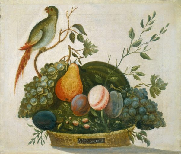 This painting features an arrangement of fruit in a basket with a green parrot perched on a branch. The yellow woven basket contains an assortment of fruit, including a prominent orange pear, green and red grapes, purple plums, a pink peach, and small pink berries, all in front of a large green gourd. Some green leaves and brown branches also extend upwards out of the basket. The parrot is situated on a branch that extends upward from the left side of the basket of fruit. The bird is mostly light green but has vibrant, reddish-orange feathers on its tail and the ends of its wings. Its head is turned to the left, away from the basket, and its hooked beak is open.