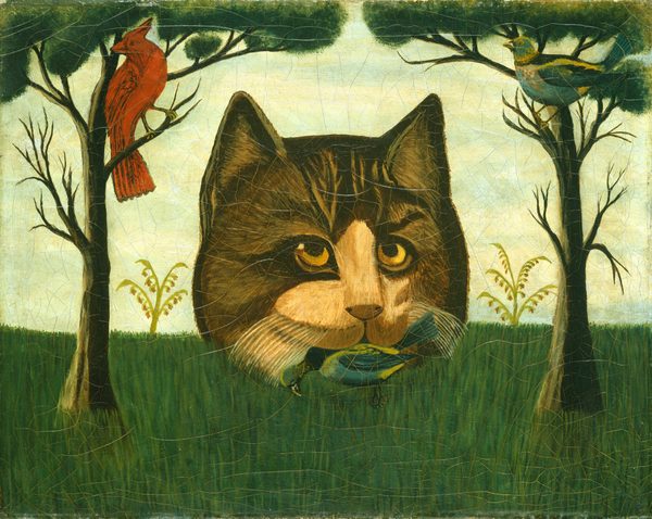 This is a painting of a large cat's head amidst birds in a forest setting. The cat's head emerges from tall grass, and the rest of its body is not visible. Its fur is a mix of brown and black with a cream area around its nose and cheeks, and it has long white whiskers. Its ears are pricked up, and its yellow eyes are looking upwards. In the cat's mouth is a bird with blue and green feathers, a black head, and a long black beak. To the left and right of the cat are two thin trees with birds in them; on the left is a bright red bird, and on the right is a bird with teal, green, and black feathers. The trees depicted have sparse branches with a few green leaves at the top. The sky behind the cat and trees is light blue.
