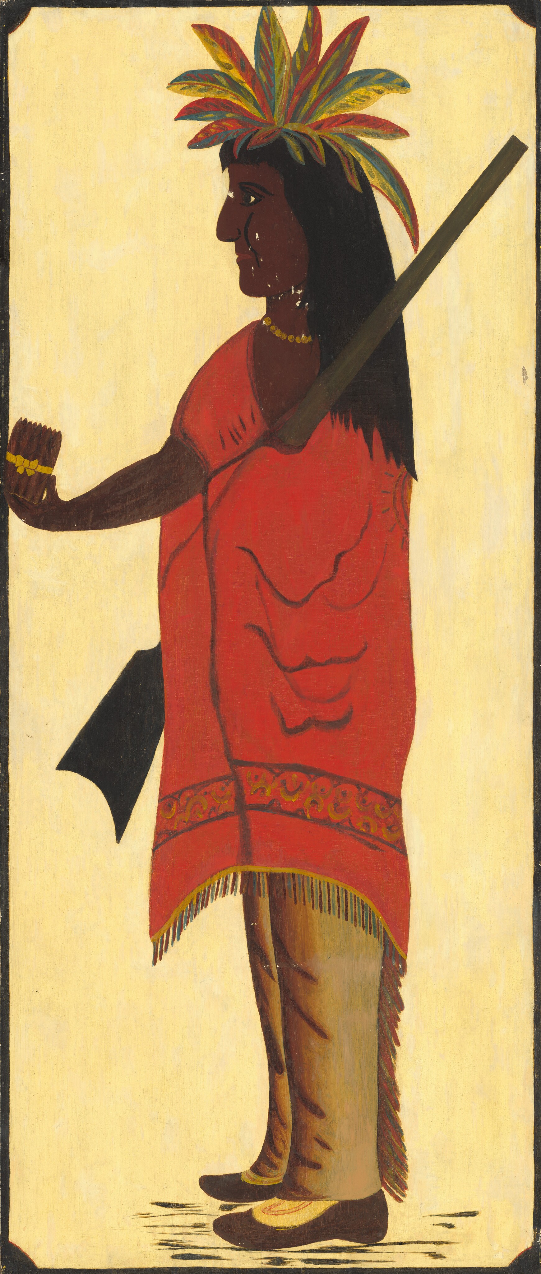 The image depicts a person in profile, standing facing left. They are holding a bundle in one hand and wearing a colorful headdress with large feathers. The person has long black hair, a simple face, and wears a red garment with decorative patterns, brown leggings, and dark shoes. They also wear a bead necklace and carry a long object over their shoulder. The background is a light yellow color.