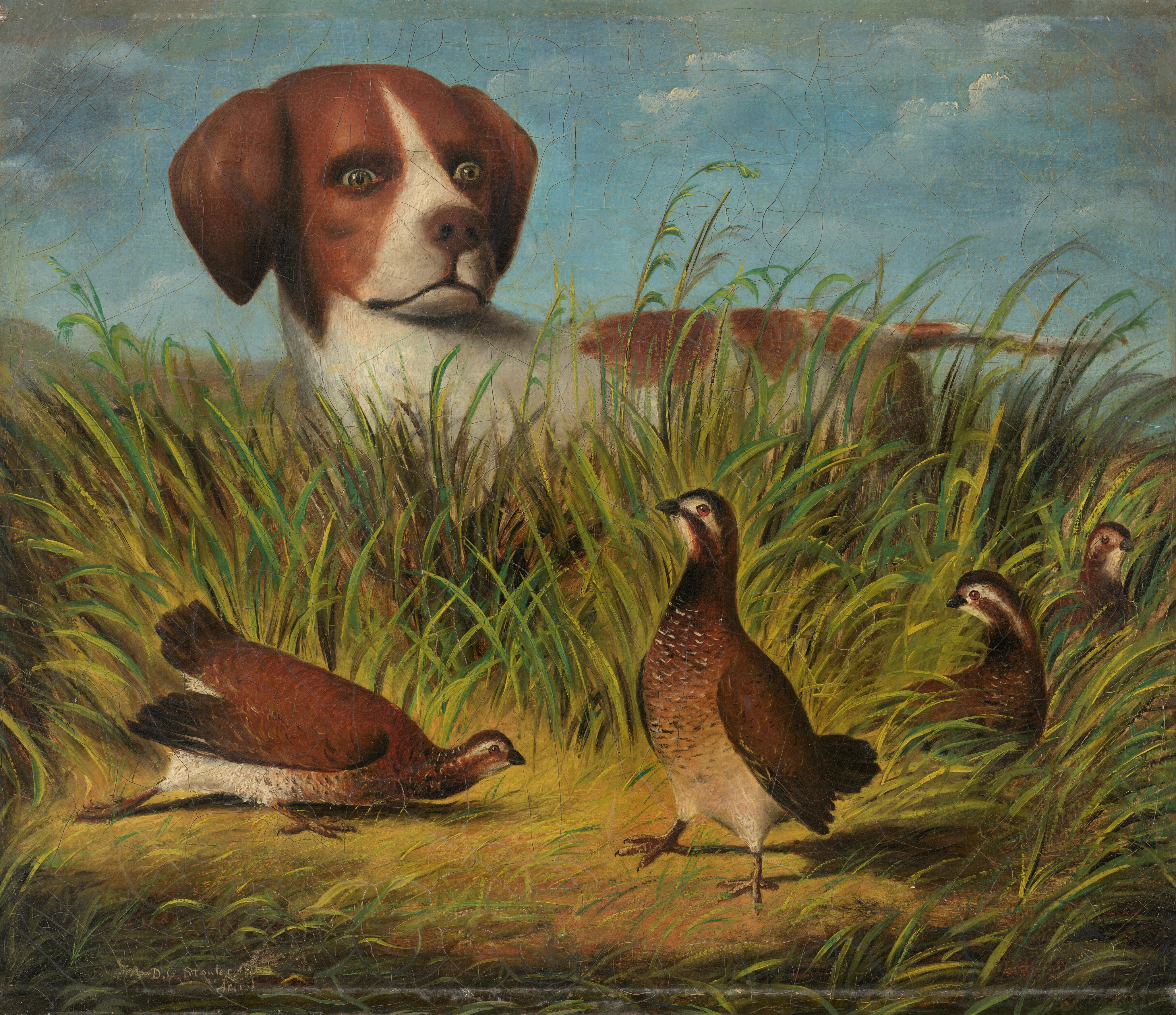 This painting shows a dog with a white-and-brown coat standing in tall green grass. The dog has large eyes, a pointed snout, and long ears. It is looking intently at a group of small birds that stand at the bottom of the painting in an opening in the grass, situated between us and the dog. There are four birds, and they have brown-and-white feathers, orange eyes, and short beaks. The background features a blue sky with a few clouds, and the grass around the dog and birds is painted in different shades of green, yellow, and brown.