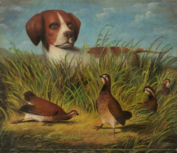 This painting shows a dog with a white-and-brown coat standing in tall green grass. The dog has large eyes, a pointed snout, and long ears. It is looking intently at a group of small birds that stand at the bottom of the painting in an opening in the grass, situated between us and the dog. There are four birds, and they have brown-and-white feathers, orange eyes, and short beaks. The background features a blue sky with a few clouds, and the grass around the dog and birds is painted in different shades of green, yellow, and brown.