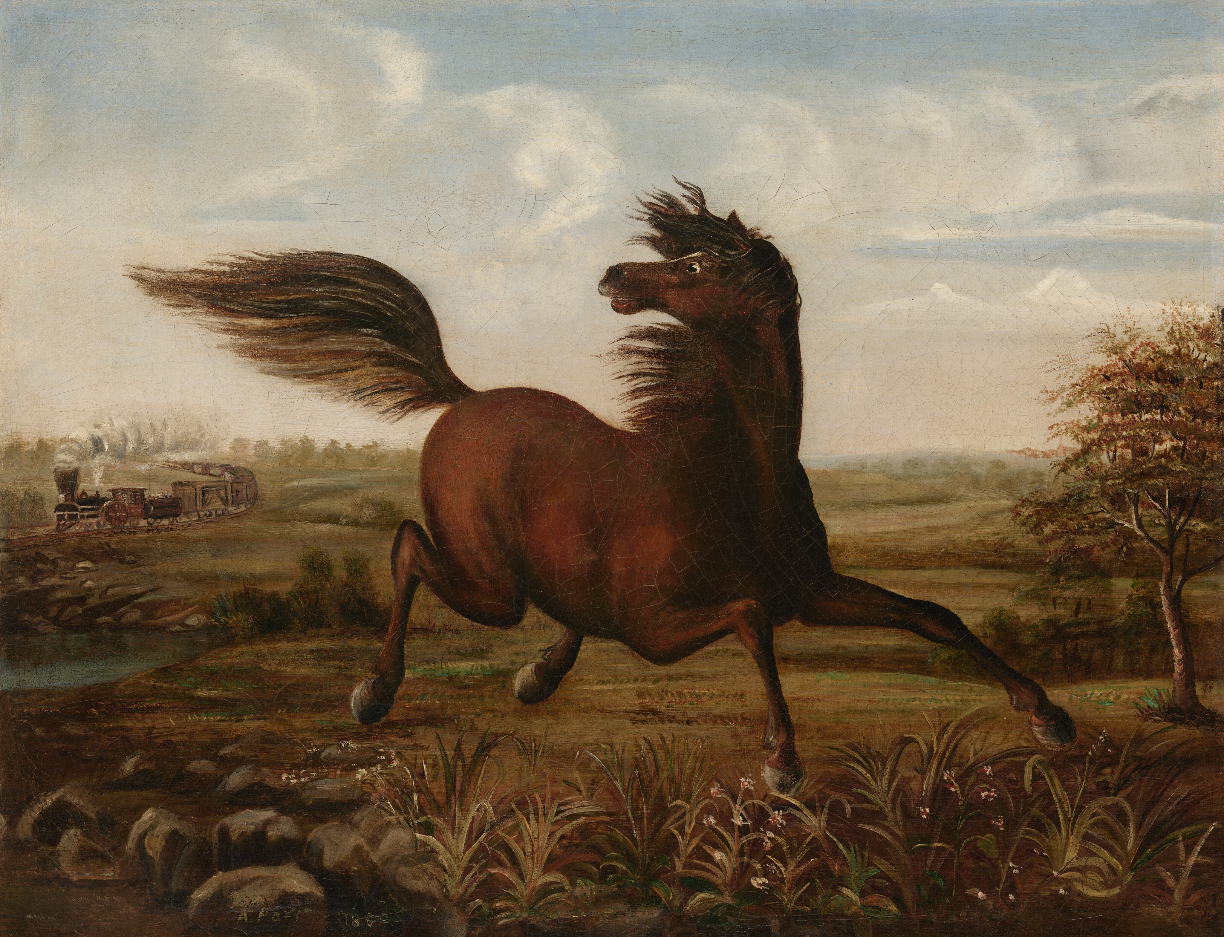 This painting shows a side view of a horse and a steam train in an open landscape. The reddish-brown horse is in the center of the painting, its legs bent and its head turned over its shoulder, looking to the left. Its long brown mane and tail appear to be blown to the left by the wind, and its one visible eye is wide, its mouth partially open. The gray-and-brown train is depicted in the background on the left, following a thin curving track, plumes of white and gray smoke flowing up from it. The color palette includes brown, green, blue, and white shades. The landscape contains tall grasses, small rocks, short bushes, a small blue pond on the left, and a tall tree on the right. The horizon is in the center, behind the horse, showing distant hazy trees and a cloudy blue sky above.