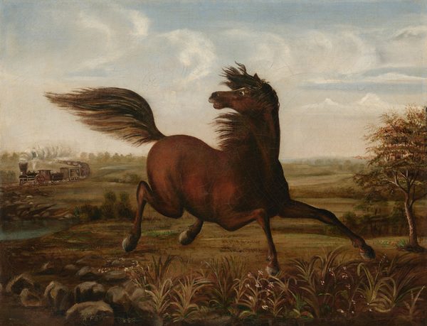 This painting shows a side view of a horse and a steam train in an open landscape. The reddish-brown horse is in the center of the painting, its legs bent and its head turned over its shoulder, looking to the left. Its long brown mane and tail appear to be blown to the left by the wind, and its one visible eye is wide, its mouth partially open. The gray-and-brown train is depicted in the background on the left, following a thin curving track, plumes of white and gray smoke flowing up from it. The color palette includes brown, green, blue, and white shades. The landscape contains tall grasses, small rocks, short bushes, a small blue pond on the left, and a tall tree on the right. The horizon is in the center, behind the horse, showing distant hazy trees and a cloudy blue sky above.