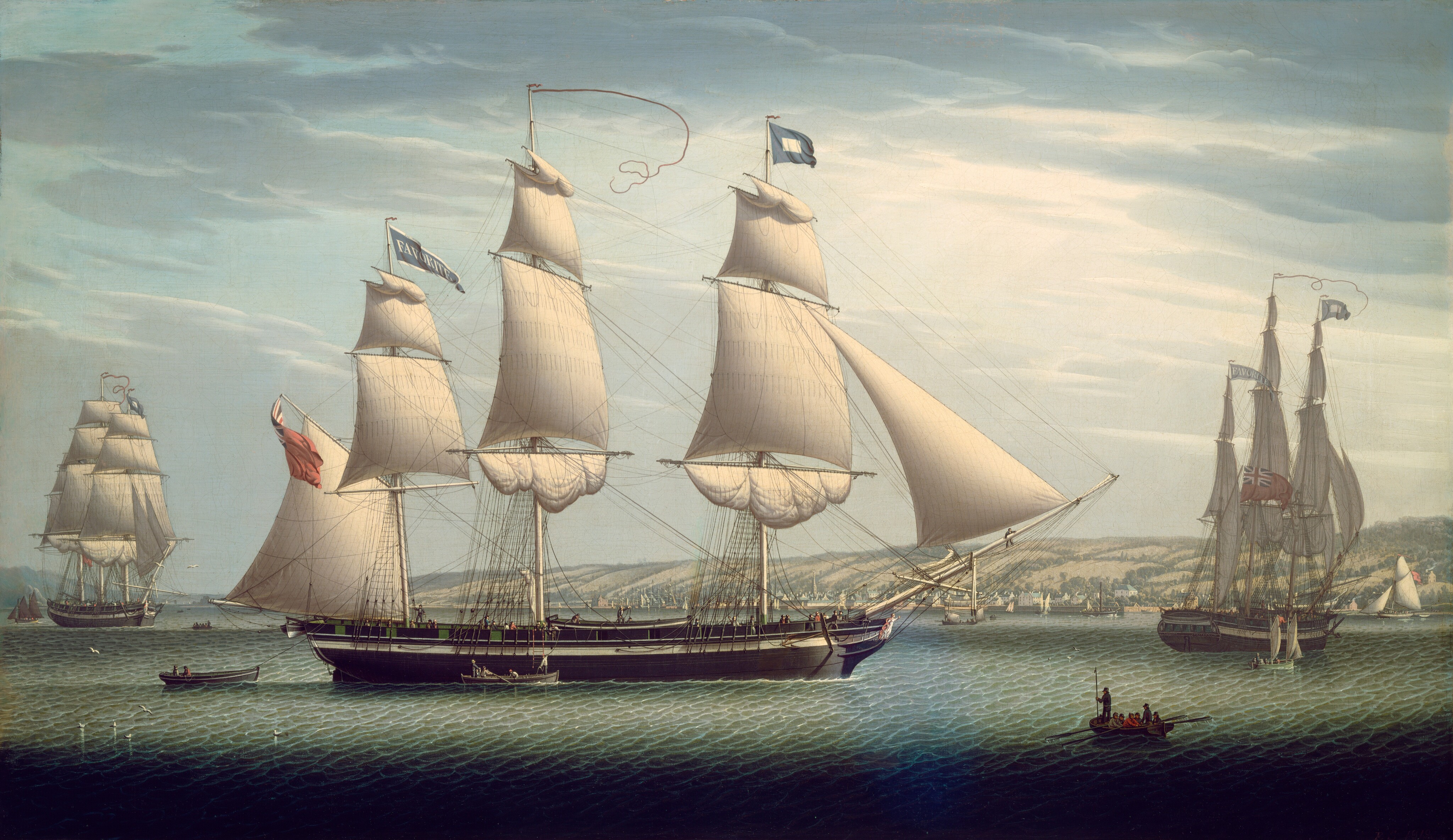 This painting depicts a maritime scene with several large sailing ships, viewed from a slightly elevated perspective. The horizon is low in the painting, creating a wide expanse of sky above the ships and distant coastline with hills, trees, and a line of small buildings. In the center of the painting, a large ship faces the right, with several large white sails, blue flags, and red banners. One flag has the word "FAVORITE" visible as it ripples in the wind. Small people line the deck of this ship, and more people are visible in small row boats that float next to it. There are two other large ships to the left and right, as well as smaller rowboats and sailboats. The light blue sky is cloudy, and the water below the ships is pale green with soft white waves.
