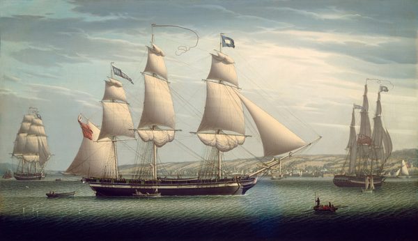 This painting depicts a maritime scene with several large sailing ships, viewed from a slightly elevated perspective. The horizon is low in the painting, creating a wide expanse of sky above the ships and distant coastline with hills, trees, and a line of small buildings. In the center of the painting, a large ship faces the right, with several large white sails, blue flags, and red banners. One flag has the word "FAVORITE" visible as it ripples in the wind. Small people line the deck of this ship, and more people are visible in small row boats that float next to it. There are two other large ships to the left and right, as well as smaller rowboats and sailboats. The light blue sky is cloudy, and the water below the ships is pale green with soft white waves.
