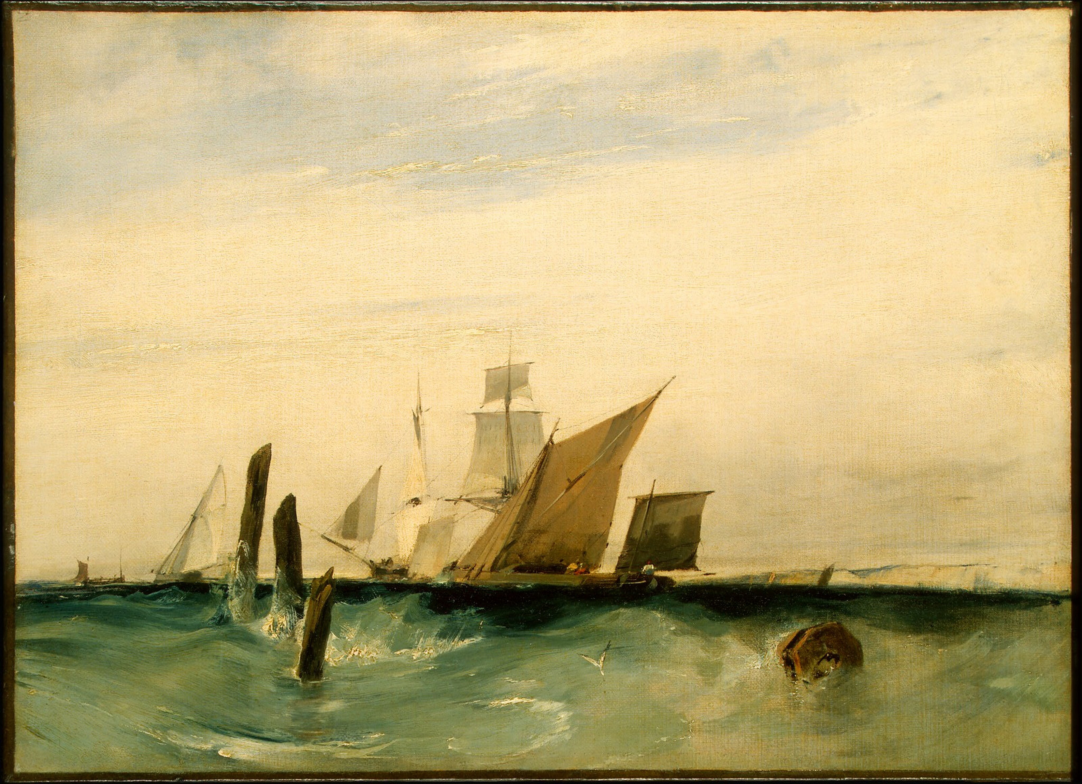 This painting shows a seascape with large sailboats on choppy blue-green waters. The horizon is in the bottom third of the painting, dividing the sea from the cloudy white-and-blue sky. The boats are seen from a distance, their tall sails in shades of white, cream, and tan. Small dots of color suggest people standing on the decks, but the details are unclear. Closer to us, some dark brown shapes emerge from the water; on the left are three vertical shapes that look like tree branches or driftwood, while on the right is a round object like a floating barrel. Around these objects are splashes of white waves, and in between them is a small V shape that could be a bird or the tail of a fish.