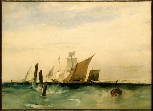 This painting shows a seascape with large sailboats on choppy blue-green waters. The horizon is in the bottom third of the painting, dividing the sea from the cloudy white-and-blue sky. The boats are seen from a distance, their tall sails in shades of white, cream, and tan. Small dots of color suggest people standing on the decks, but the details are unclear. Closer to us, some dark brown shapes emerge from the water; on the left are three vertical shapes that look like tree branches or driftwood, while on the right is a round object like a floating barrel. Around these objects are splashes of white waves, and in between them is a small V shape that could be a bird or the tail of a fish.