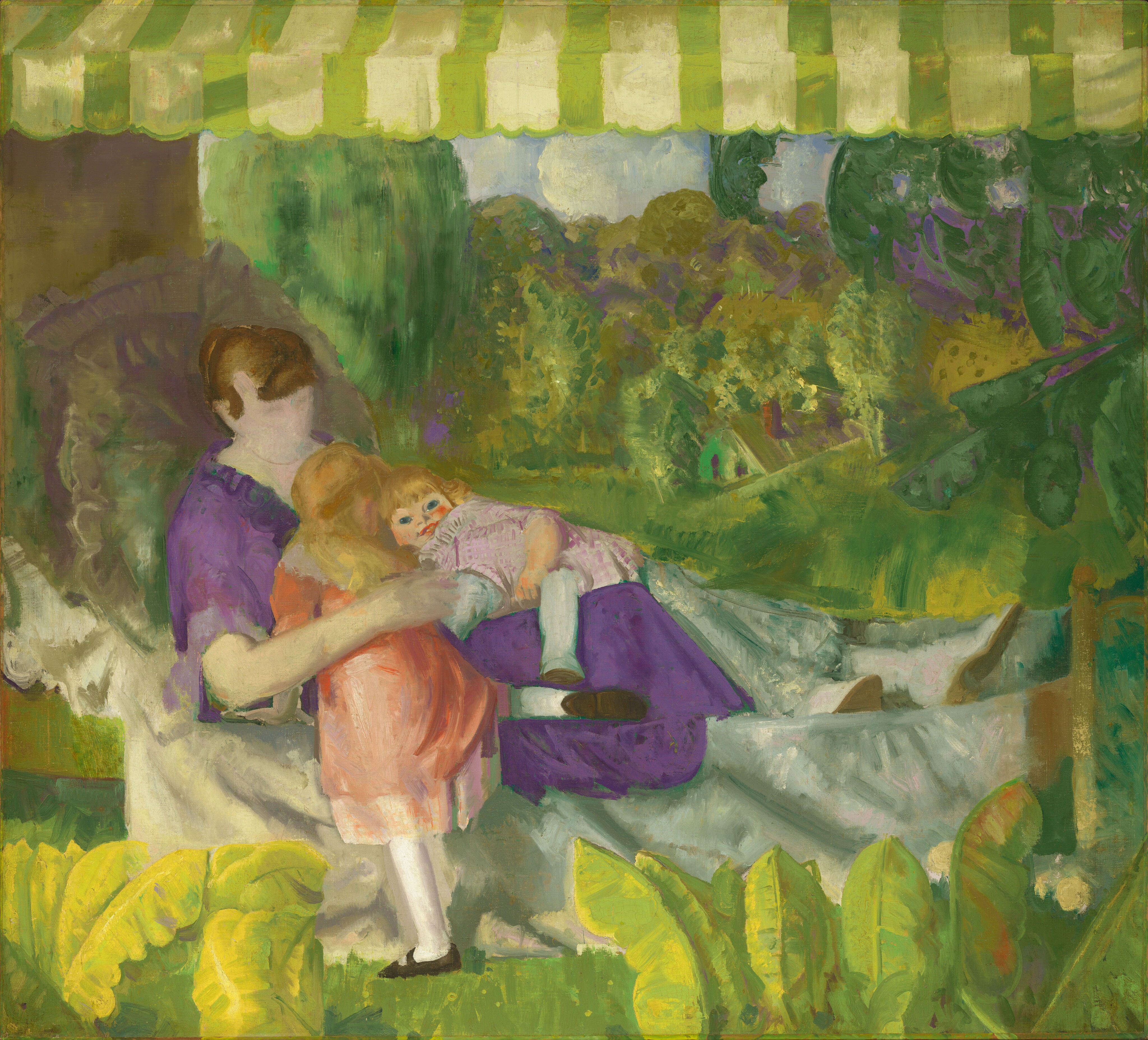 This painting shows an adult woman and two children on a white lounge chair. The adult is sitting on the chair with her legs extended, supporting one of the children who is lying across her lap. The woman has pale skin and brown hair in a bun, and she wears a dark purple dress with white boots. She has no visible facial features. The child on her lap has blonde hair and wears a light purple dress with white stockings and brown shoes. This child faces us, with rosy cheeks, blue eyes, and red lips in a slight smile. A second child stands next to the chair and has the woman's arm around them. They are leaning forward towards the other child and facing away from us. This child has long blond hair and wears a pink dress. The three people are positioned under a green-and-white striped canopy in a lush green outdoor setting, with trees and foliage in the background and at their feet. In the distance behind them, a small white house is visible among the trees.