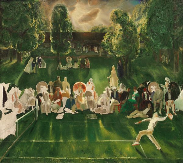 This painting shows a dynamic scene of a green tennis court with a player in action near the bottom-right corner, their hand extended behind their head and one leg in the air. A line of trees and a pavilion are behind the court in the distance, with rows of spectators in the center of the painting observing the match. The people and landscape are painted with loose brushstrokes, and the color palette is dominated by rich greens and warm yellow sunlight. Individuals in formal outfits are sitting or standing on the grassy field near the court, wearing long gowns or suits and holding parasols. They all appear to have light skin, but their features are indistinct. The sky at the top of the scene is filled with soft gray clouds and rays of pale light illuminating the scene beneath.