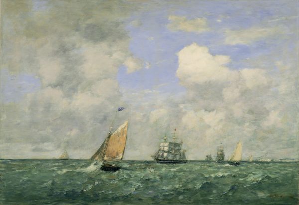 This is a painting depicting several ships on a stretch of water. The horizon is situated in the lower third of the painting, creating a vast expanse of sky above. Several ships can be seen on the horizon; a large sailing ship with multiple masts and large white sails dominates the center, surrounded by smaller vessels with off-white sails. One of these smaller ships is close to us, to the left of center. At the top of its mast, a small blue flag flies. A wave appears to crash over the side of this ship, and two small people are visible on it. The sea is a blue-green color, with lines of white and light gray indicating small waves. The sky is light blue and covered in puffy white and gray clouds. The brushstrokes in the painting are loose and fluid, especially those in the water.