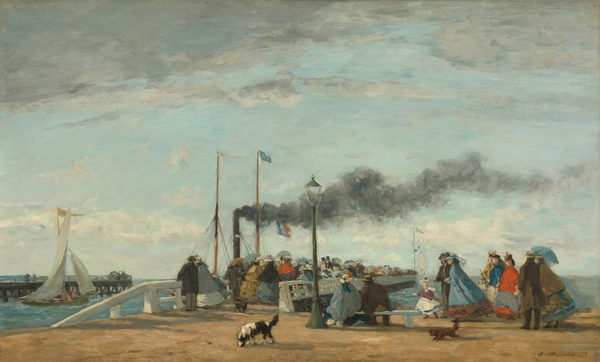 A dozen men, women, and children walk, stand, or sit on a waterside wharf that spans this horizontal painting. A jetty stretches into the distance at a right angle, starting to the left of center. Dozens more people pack the jetty. The people close to us all appear to have pale skin. The men wear suits and hats in brown or black, and the women wear long hoop skirts, capes, and hats, some with veils, in shades of sky blue, red, gray, or mustard yellow. A man and woman sit on an ice-blue bench near a solitary streetlamp at the center of the composition. A small brown dog runs toward the bench from the right, and a black and white dog sniffs the ground to the left. Facing away from us, a man and woman lean onto a white fence at the water’s edge near the entry to the jetty. A dock is across a strip of topaz-blue water, where a sailboat kicks up some white ripples. Two flag-topped masts rise beyond the crowded jetty, and a steampipe between them pours charcoal-gray smoke into the pale blue sky. Paler gray clouds line the top edge of the painting, and a loose band of white clouds lines the horizon, which comes about a quarter of the way up the composition. The scene is loosely painted so people’s features and many details are indistinct. The artist signed and dated the lower right, corner, “E. Boudin. 63.”