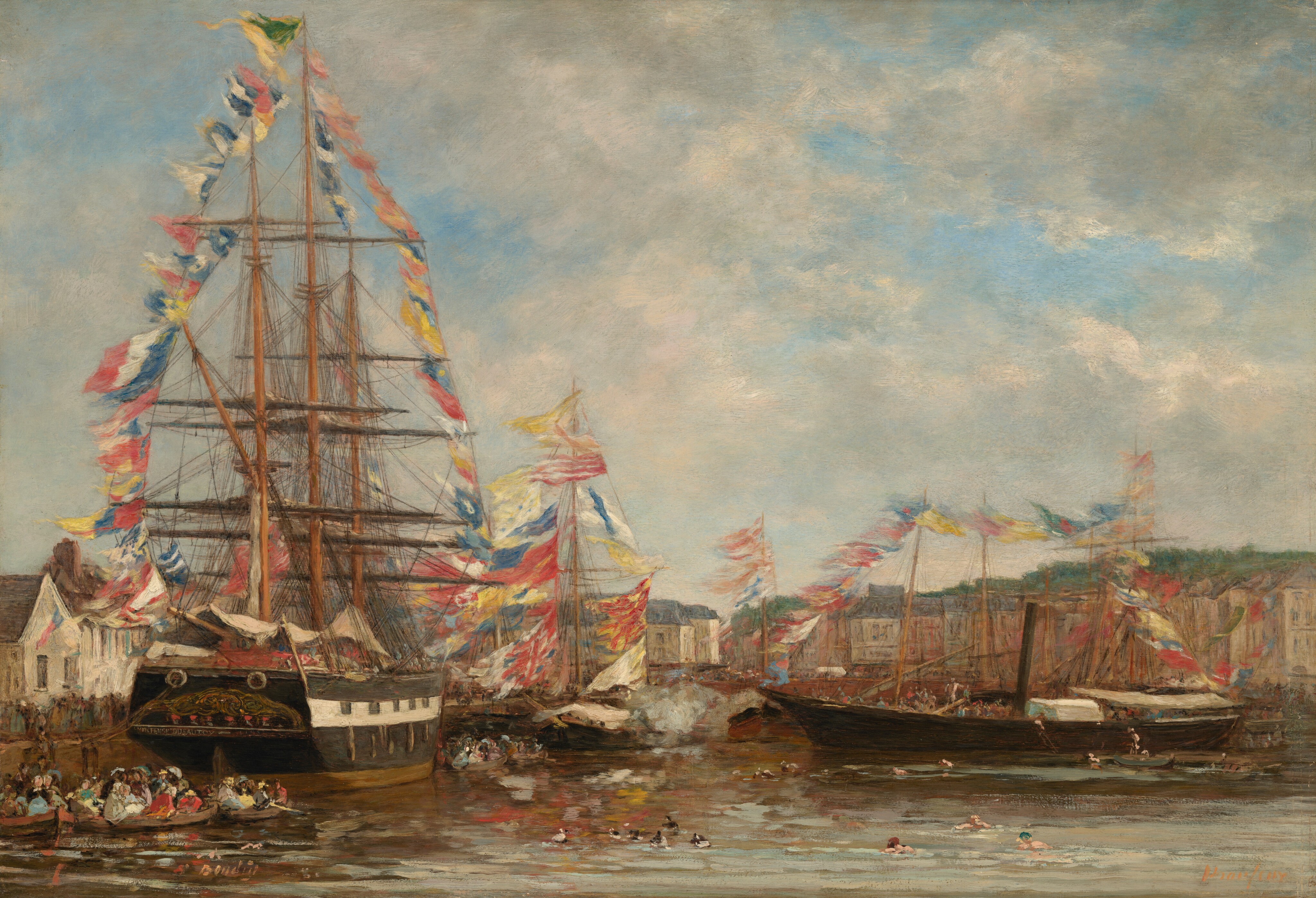 This horizontal painting shows a harbor scene filled with tall-masted ships and steamships adorned with colorful flags. The masts of the ship to our left dominate the composition, reaching almost to the top edge of the painting. This ship has a black and white hull and is docked alongside a quay lined with buildings in the left third of the painting. The masts are rigged with ropes and draped with long, strings of flags in red, yellow, blue, and white. A group of people with light-colored clothing gather in small boats around the ship to our left. Another vessel moored in the middle of the painting is also strung with flags, and to our right, a dark steamship with a single smokestack is festooned with similar banners. It floats farther from the quay and town buildings. The water is busy with many people swimming or floating, particularly toward the lower right. Dense buildings line the opposite shore under a blue sky scattered with soft, white clouds. The horizon comes about a third of the way up the composition so most of the flags are outlined against the sky. The artist signed the lower left corner, “Boudin” with the number 5 followed by an illegible number. In the lower right is the location with some of the letters missing so it reads “Hon eur.”