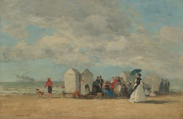 The painting shows a beach scene with several people gathered on the shore. The people are gathered between four white tent-like structures in the center of the painting. All the people are elaborately dressed in colorful gowns or suits, with many wearing hats or holding parasols. Behind the group is the ocean, with a few people swimming on the left. The color scheme includes earthy tones for the sand and beach huts, and brighter colors like whites, blacks, blues, and reds for the people's clothing. The sky is predominantly painted in soft blues and grays with some wispy white clouds.