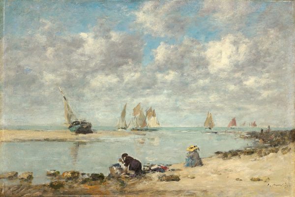 The painting features a sandy shore and a calm sea with sailing boats in the distance. At the bottom of the painting, people sit on the sand by the water. Brown rocks are interspersed with the tan sand shore, which takes up the bottom edge of the painting and curves up to the right side. On the blue water beyond the shore, sailboats dot the low horizon. Those closer to us are more distinct, while some in the distance are barely visible. On the left side of the painting, another stretch of tan sands juts into the water, and a sailboat sits on it, leaning to one side. The sky occupies the top half of the image, and it is filled with billowy white clouds. The brushstrokes in the painting are visible, especially those in the sand and water.