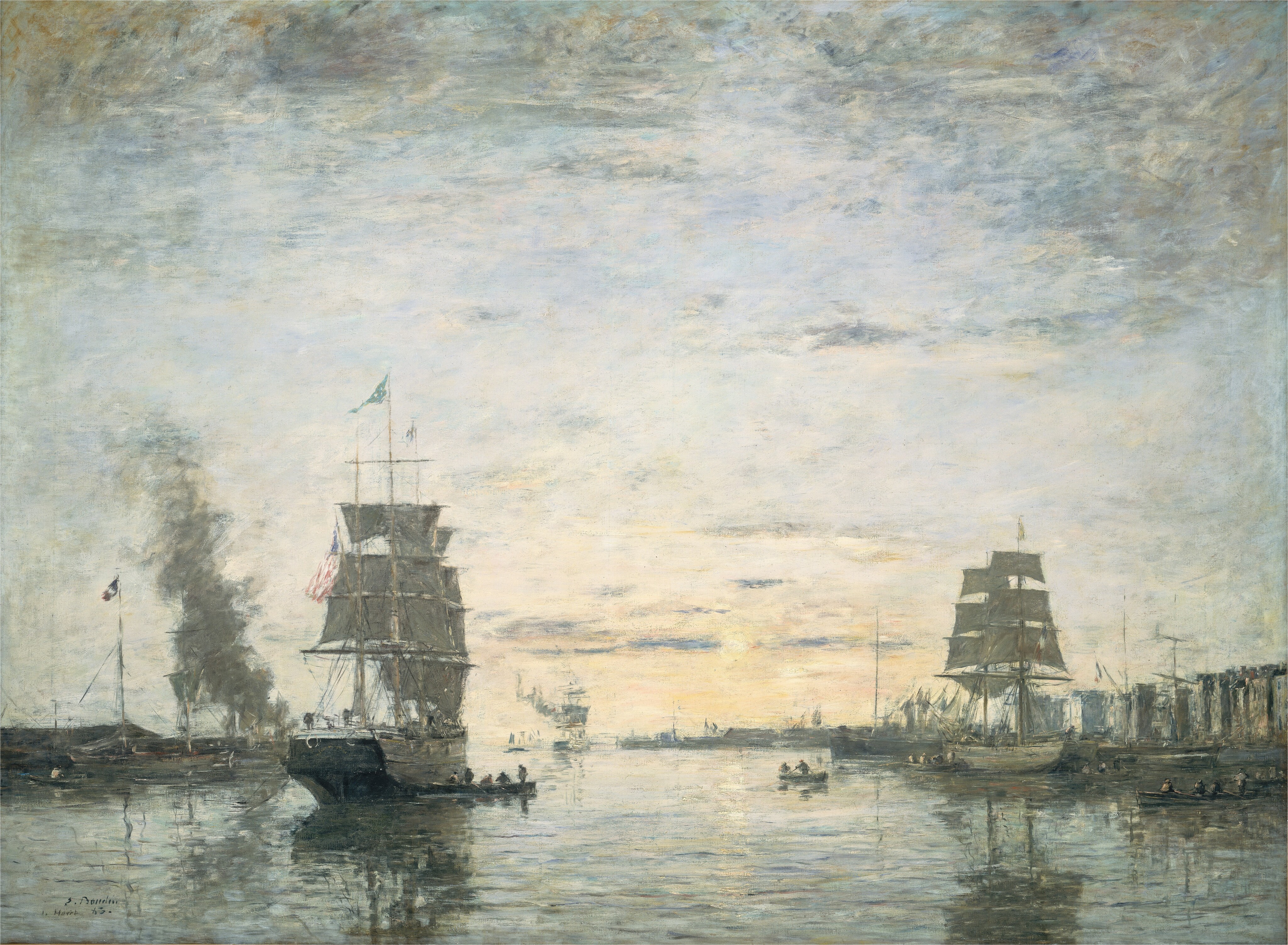 The painting depicts a harbor scene with several large ships and smaller boats on a wide waterway. To the left and right of center, two large ships are visible, each with multiple tall masts and several sails. The boat on the left appears to fly a flag that has white and red stripes and a section of dark blue. A small rowboat is positioned in the water by this ship, and it appears to have several indistinct people on it. To the left, a plume of gray smoke rises from low gray buildings. On the right, more people in rowboats appear to head towards a line of tall buildings in the distance. The sky is painted with soft brushstrokes in shades of light blue and grey, with hints of pale yellow at the center of the painting by the horizon. Some gray clouds drift across the sky. The water reflects these colors as well as the gray ships. Overall, the color palette is mostly light blue and shades of gray. The brushstrokes are visible, and details in the distance are suggested with minimal lines of paint.