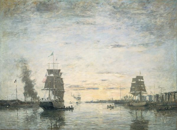 The painting depicts a harbor scene with several large ships and smaller boats on a wide waterway. To the left and right of center, two large ships are visible, each with multiple tall masts and several sails. The boat on the left appears to fly a flag that has white and red stripes and a section of dark blue. A small rowboat is positioned in the water by this ship, and it appears to have several indistinct people on it. To the left, a plume of gray smoke rises from low gray buildings. On the right, more people in rowboats appear to head towards a line of tall buildings in the distance. The sky is painted with soft brushstrokes in shades of light blue and grey, with hints of pale yellow at the center of the painting by the horizon. Some gray clouds drift across the sky. The water reflects these colors as well as the gray ships. Overall, the color palette is mostly light blue and shades of gray. The brushstrokes are visible, and details in the distance are suggested with minimal lines of paint.