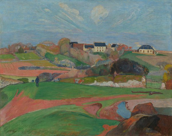 We look across rolling, bright green pastures and honey-brown farmland to a cluster of buildings nestled beyond a copse of trees, along the horizon in this horizontal, stylized landscape painting. The scene is painted with mostly flat areas of color. Closest to us, low, vibrant green pastures are bisected by a narrow, gingerbread-brown path. The path meanders from the lower left corner of the composition to a metal gate, near the right edge of the painting. A short distance from us to our left, a man wearing navy-blue pants, shirt, and hat walks along the top of a hill, hands in pockets. Two black and white cows and one brown and white cow graze nearby. In the distance, the copse of trees is painted with pockets of pumpkin orange, lavender purple, sky blue, and spring and muted sage green. Beyond the trees, a white, square, two-story house with a spruce-blue roof sits within the grouping of buildings. Another white building with a blue roof stands a bit to our right. Wisps of white clouds dot a vivid blue sky, which is tinted with pale pink and lilac purple near the horizon. The artist signed and dated the work in harvest yellow against a mound of dark brown rocks in the lower right corner: “P. Gauguin 90.”