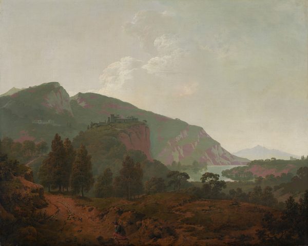 Mountains painted in tones of sage and mint green and mauve purple are backlit against a hazy sky in this expansive, nearly square landscape painting. In the bottom quarter of the composition, the dirt-packed land is partially covered with patches of scrubby grass. A person, tiny in the landscape, sits on a rock to the left of the bottom center of the painting. That person has pale skin and wears a wide-brimmed, dark hat, a slate-blue jacket, muted red pants, and shin-high boots. He rests his head in one hand, that elbow propped on his bent knee. He braces a stick, perhaps a walking stick, against the other shoulder, and a canteen hangs by one hip. A path starting in the lower left corner of the painting winds back into the deep distance. A complex of pale-colored buildings sits on a rocky cliff face near the center of the composition, and another complex is tucked on a distant mountain to the left. The mountains span the left two-thirds of the painting and taper down to meet a crescent-shaped body of water to the right. Another building in the deep distance near the right edge of the canvas is outlined against a smoky, pale blue ridge. White clouds pile in the hazy sky in the top half of the painting. The artist signed and dated the painting in the lower left corner, “I Wright Pinx 1790.”