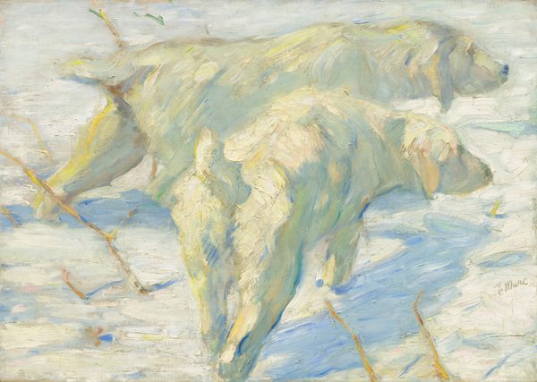 Two creamy-white, long-haired dogs facing our right in a snowy field fill this horizontal painting. The scene is painted with visible, textured strokes in shades of white and ice blue. The dogs have floppy ears and  long muzzles. They both stand with heads lowered, focused on something out of view to the right. Their coats are painted with strokes of parchment and ivory white with shading in arctic and sky blue. Their bodies cast blue shadows on the snow beneath them, and dried, flax-yellow twigs angled to our left poke out from the ground around them. The artist signed the painting near the lower right corner, “F Marc.”