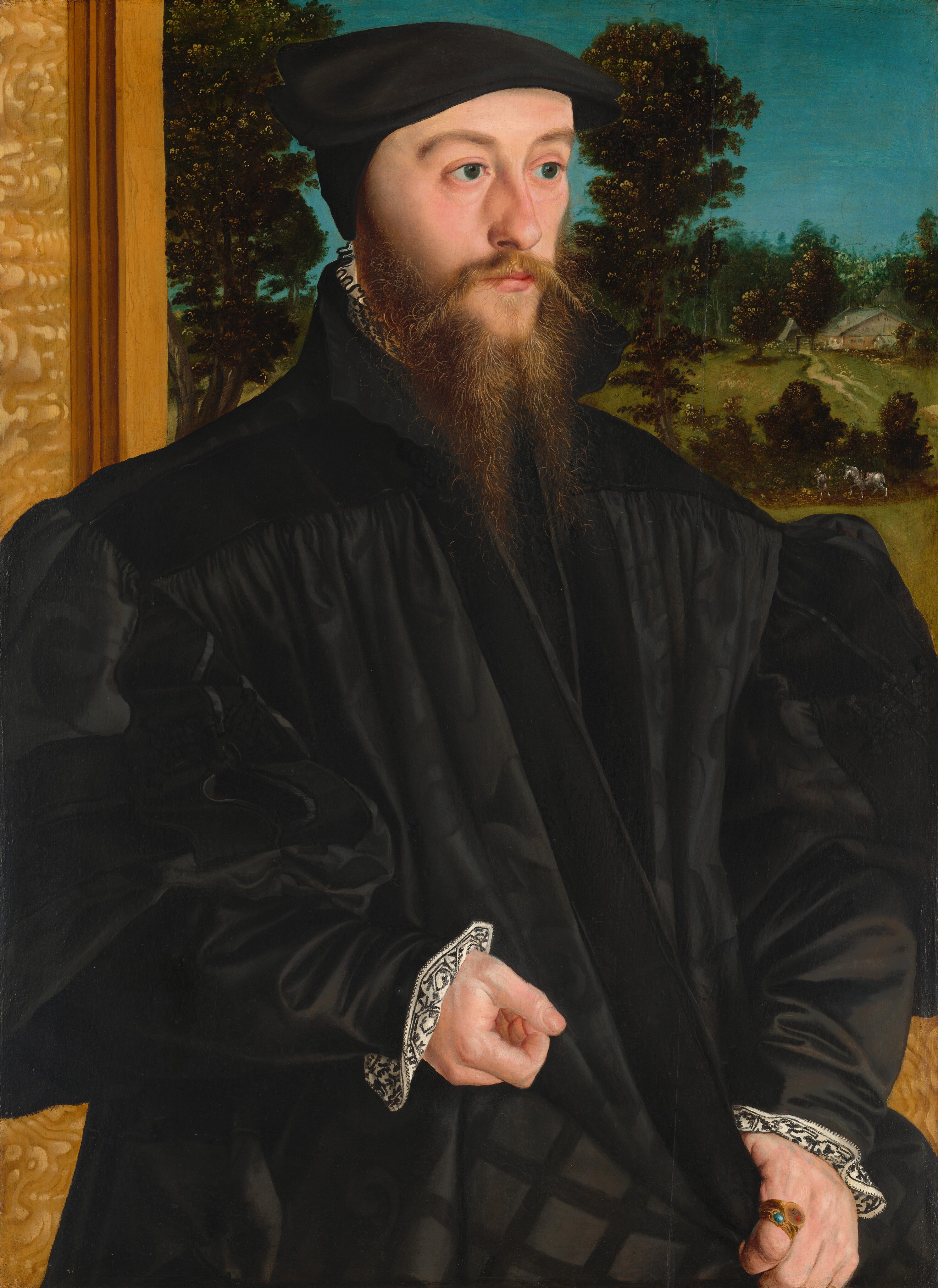 This painting shows a man standing, his body and head slightly turned to the right. He has fair skin, arched eyebrows, round green eyes, a long nose, thin pink lips, a long brown beard, and a thin brown mustache. He wears a black flat-topped cap and a dark robe with puffed sleeves and lacy white details around the cuffs and neck. A gold ring with a green stone is on his left forefinger. He stands next to a wide window with a yellow sill, and in the background there is a landscape with dark green trees, green fields, a rustic house, and a faint person standing next to a horse, all under a blue sky.