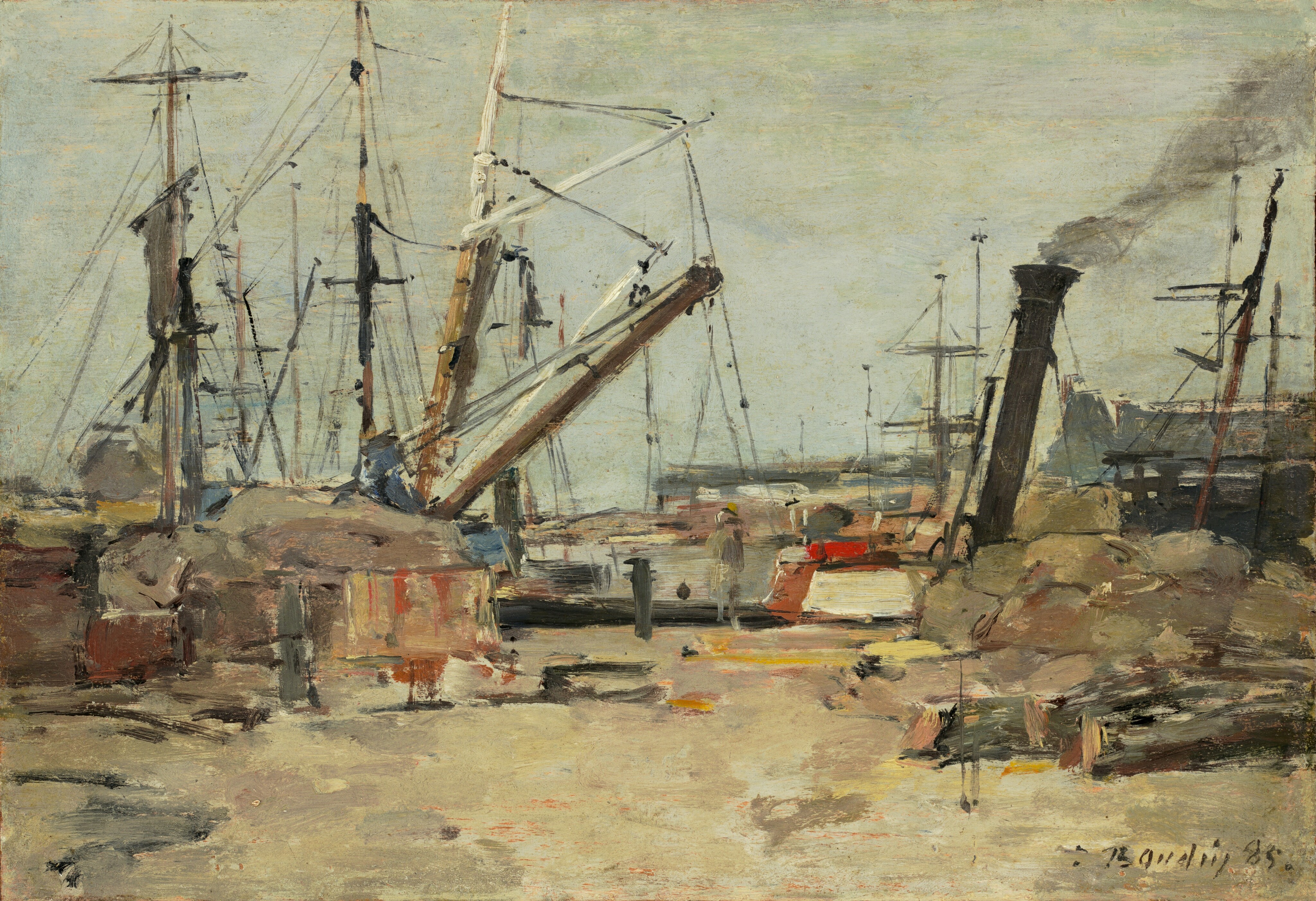 The painting depicts a busy harbor scene with ships and masts rising into the blue-gray sky. The brushstrokes are loose and impressionistic, in shades of soft grey, brown, and blue, with some pops of red and yellow from indistinct objects. In the distance, more tall masts and a thick smokestack obscure the horizon.