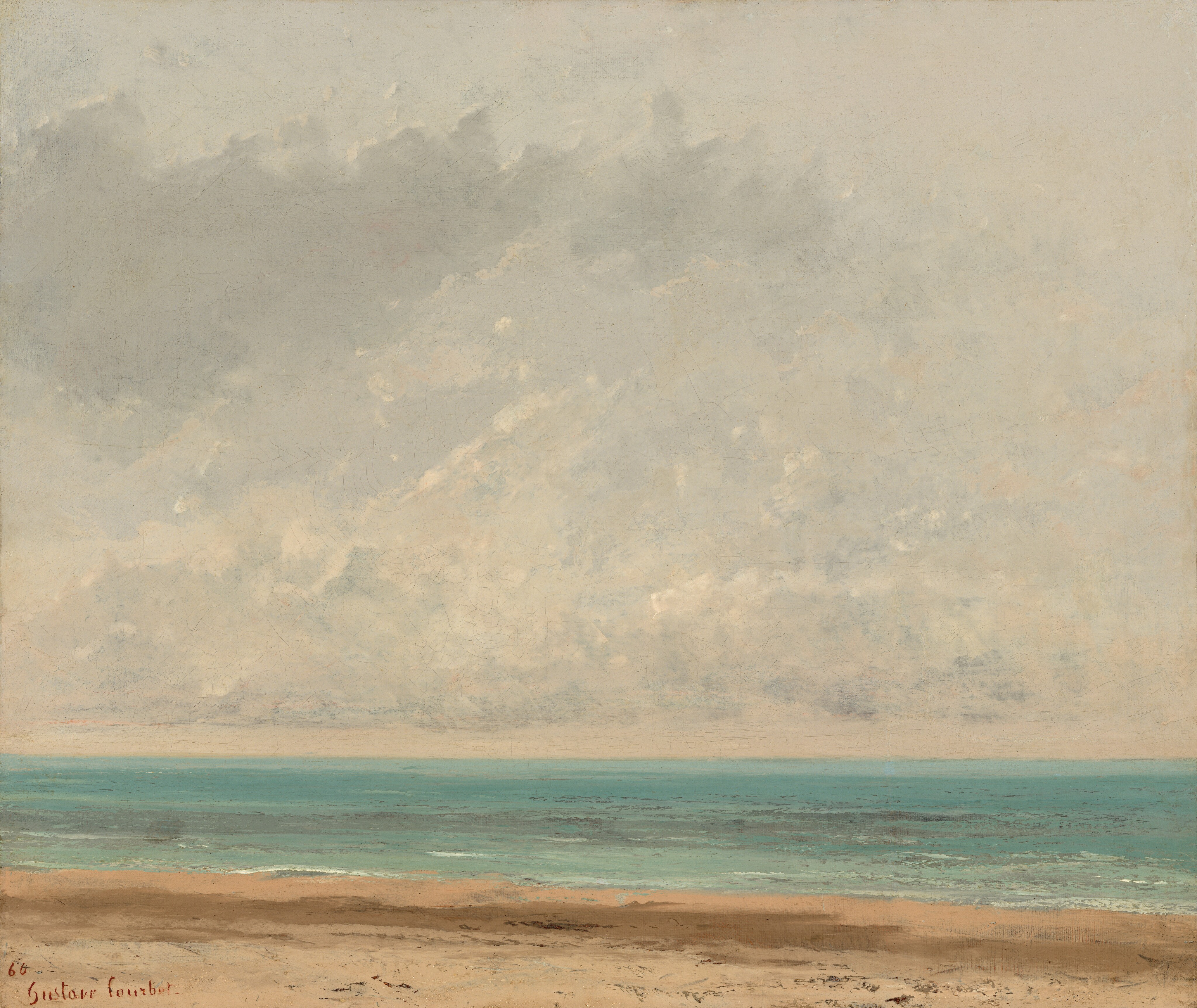 A narrow strip of beach and then a vivid turquoise stretch of water give way to a towering, hazy sky in this square landscape painting. The beach is painted with strokes of tan and peachy brown and skimmed with dark brown or black to create the impression of rocks or shells. The water extends to the horizon, which comes a quarter of the way up this composition, in shades of topaz and powder blue. Piles of fluffy clouds above are painted with loose strokes of cotton and gossamer white, creating a soft, blurred look. The artist signed and dated the canvas in the lower left corner with red paint, “’66 Gustave Courbet.”