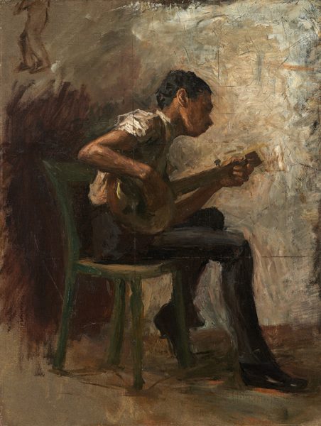 A young, gangly, brown-skinned boy sits on a green chair and leans over the banjo he plays in this loosely painted, vertical composition. His body faces our right in profile, and his head leans to his left and away from us. Light comes from our left to highlight his ear and the side of his chin, but throws his profile into shadow against the lighter background. The boy has short black hair and wears a white shirt with the sleeves rolled up, black pants, and black shoes. The floor is loosely painted with streaks of earth brown, taupe, and dark moss green. The wall behind the boy is painted with visible strokes of parchment brown, peachy tan, pearl white, and fog gray. The space to our left of the boy is dark brown, and an outline of a standing person is sketched in the top left corner. A grid is overlaid across the boy’s body and the chair.