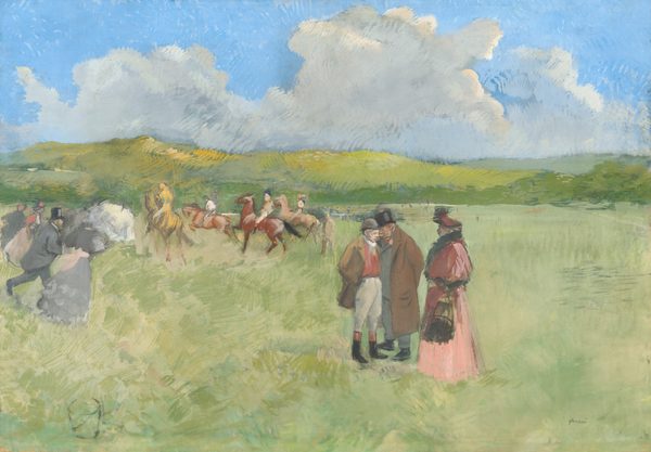 This painting depicts a wide, grassy green field with distant green hills under a blue sky with fluffy white clouds. To the right of center, two men and one woman seem to be engaged in conversation. One man wears a dark suit with a long jacket over it and a top hat, and the other man wears a red shirt with tan breeches, tall black boots, a shorter brown coat, and a round hat. The woman wears a long pink dress with a ruffled black neckline and a large pink hat. Behind them, on the left, are four people riding horses, all headed towards the back left. On the far left, more men and women in dresses and suits seem to watch as the horses and riders race by, one woman holding a large white parasol. All of the people appear to have light skin, and their facial features are indistinct. The brushstrokes in the painting are loose and visible, and the landscape and sky are painted with short, overlapping lines going in different directions, giving the scene a hazy impression.