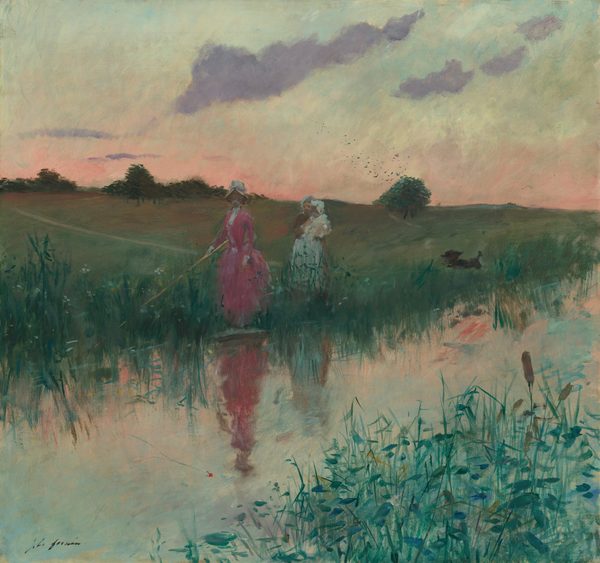 In this painting, there are two women standing near a body of water, surrounded by tall green grass and white flowers. One woman wears a bright pink dress, while the other wears a brown dress with a white apron. The woman in pink holds a long, thin rod outwards, its other end connected to a thin string and a small red lure floating on the water. The other woman stands behind her and holds a baby wearing white clothes and a white bonnet. Behind both women, on the right, is a brown shape like a small dog running towards them. The reflection of the women is visible against the still, blue water. The sky is light blue at the top, transitioning to a warm pink by the horizon, crossed by purple clouds and a flock of small birds. In the bottom right corner, across the water from the women, is a patch of more tall blue-and-green grass. The brushstrokes of the painting are light and feathery.