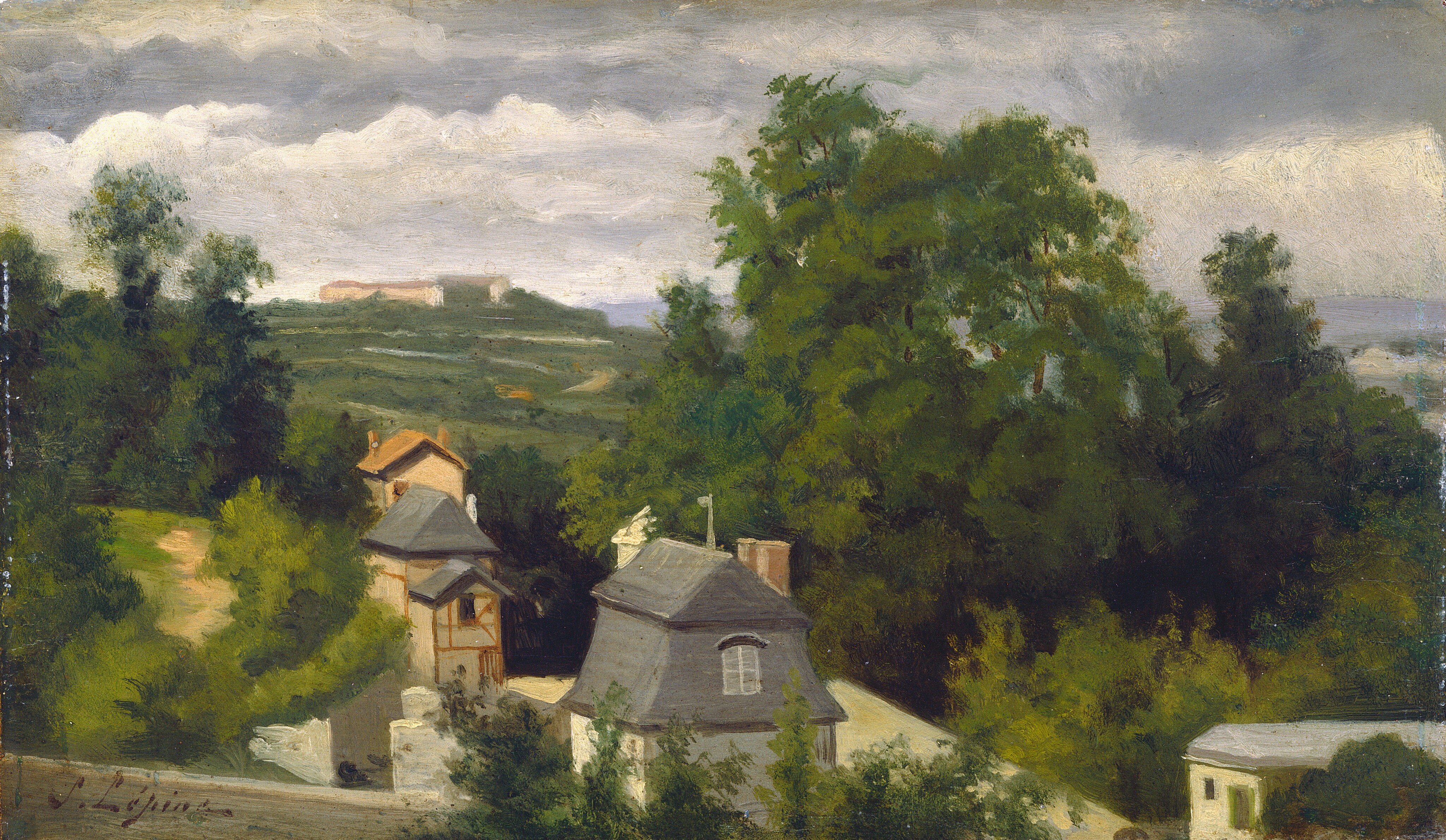 The painting shows an elevated perspective overlooking a landscape with green hills and leafy trees. Closest to us, there are cream-colored buildings among dense foliage. These buildings have roofs in shades of pale blue-gray and reddish-brown, and the one in the center has wispy white smoke coming out of a chimney. In the distance on the left, a large, low structure sits atop a hill, with faint paths winding towards it through the green landscape. Beyond the trees, the distant landscape on the right is painted in shades of pale blue and green. The sky above is filled with puffy clouds in shades of gray.