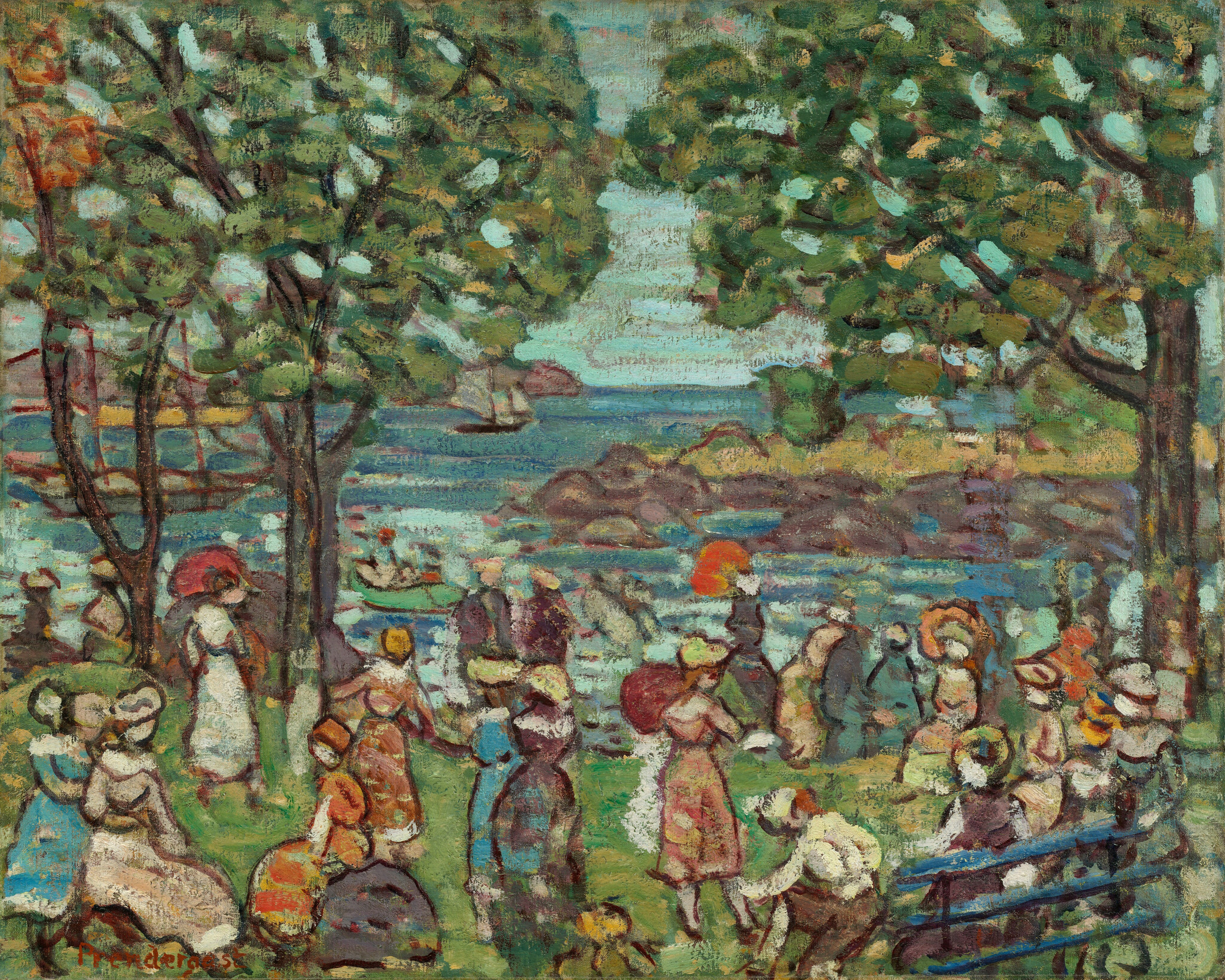 This painting depicts a lively gathering of people in a vibrant outdoor setting. People wearing colorful clothing in shades of orange, teal, pink, white, and purple stroll across the green grass or sit on a blue bench in the bottom right corner. Tall trees with green leaves line the edge of the park, and beyond them small sailboats sit atop bright blue water. Dark gray rocks surround another grassy island or strip of land visible across the water on the right side, and more gray rocks are visible in the distance on the left. A small green kayak or canoe appears to navigate the water near the edge of the park. The painting was created using short, thick brushstrokes of bright colors inside of thin brown outlines, obscuring fine details and giving the appearance of a mosaic.