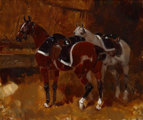 This painting depicts two saddled horses in a warmly lit stable. The artwork features rich tones of brown, amber, and white, highlighting the horses' muscular form and poise. Both horses have glossy coats and realistic anatomical details. They are positioned close together, evoking a sense of companionship or readiness. The background shows sweeping strokes resembling wooden textures of a stable. The style is reminiscent of Sir Alfred James Munnings, known for equestrian paintings.