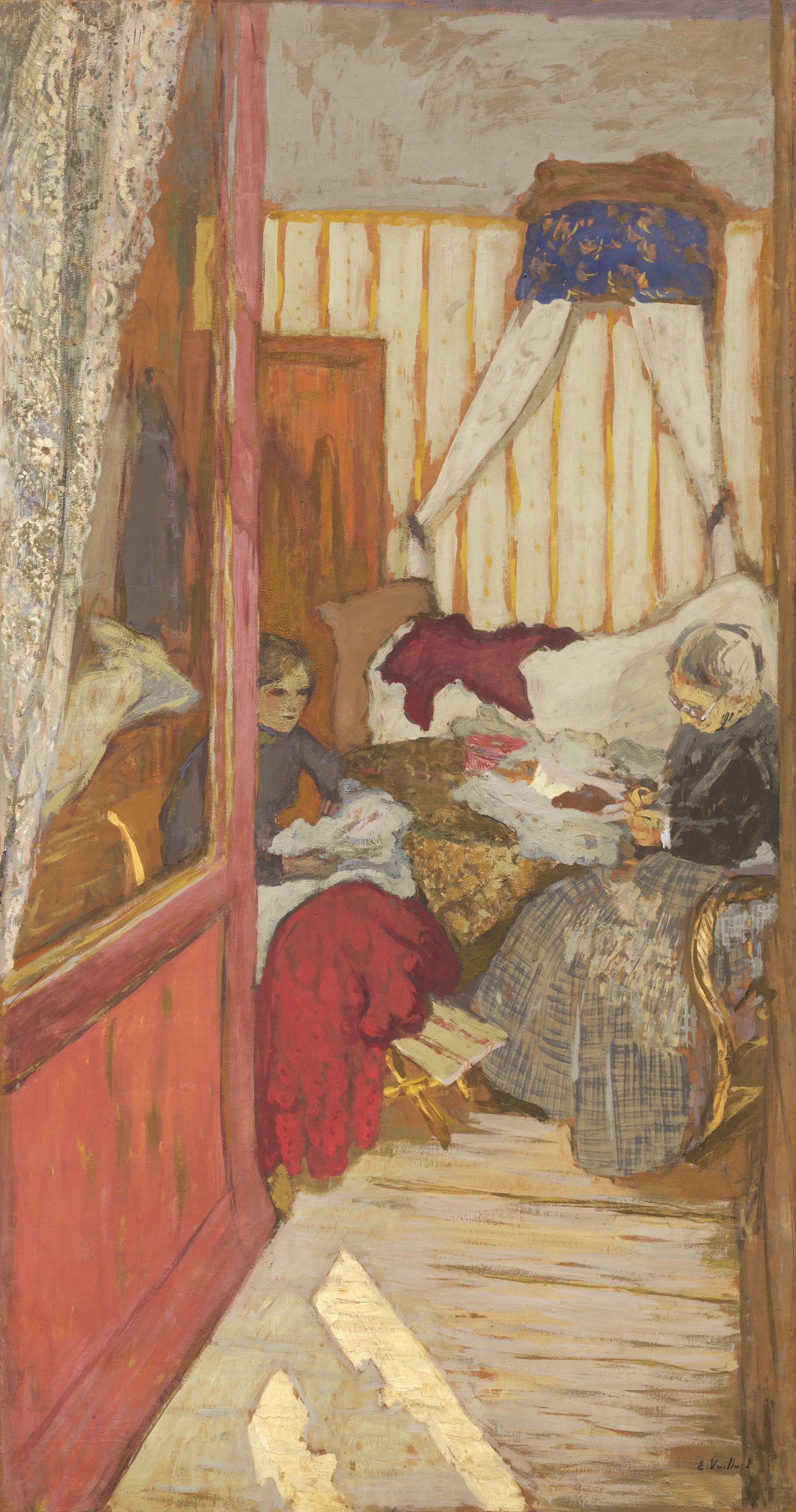 This painting shows two women seated on yellow-gold chairs in a room. The woman on the left appears young, with short brown hair and light skin. She is wearing a dark blue shirt and a red skirt, and she sits facing the right with a bundle of white fabric in her lap. The woman on the right is an older, with light skin, gray hair pulled back into a bun, glasses, a dark top, and a long skirt with a checkered pattern. She faces the left and looks closely at her hands, which are close together, perhaps holding something indistinct. The two women are both surrounded by bundles of fabric. The room includes white and yellow striped wallpaper, draped fabrics, and upholstered furniture. On the left is a vertical red structure, perhaps an open door or the edge of a canopy bed. The floor beneath the women is white with visible wood grain, and the ceiling is light gray.