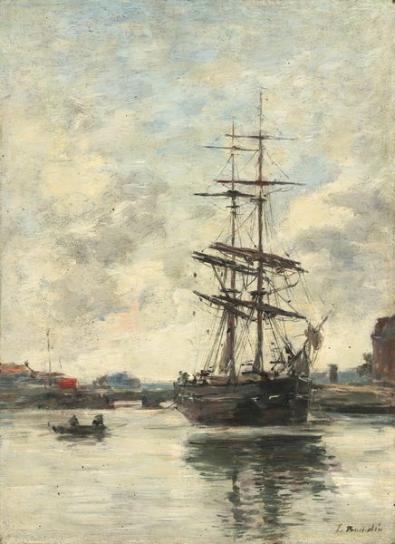 This painting depicts a scene overlooking a calm body of water. A large sailing ship with two tall masts and a dark hull is anchored on the water, its sails tied up. On the left, there are two people in a small, dark rowboat. In the background are distant shapes in gray, blue, and red. The water is light gray, with the dark reflections of the two boats. The sky is also mostly light gray, with some patches of light blue. The brushstrokes in the painting are loose and feathery, creating a sense of movement and depth.