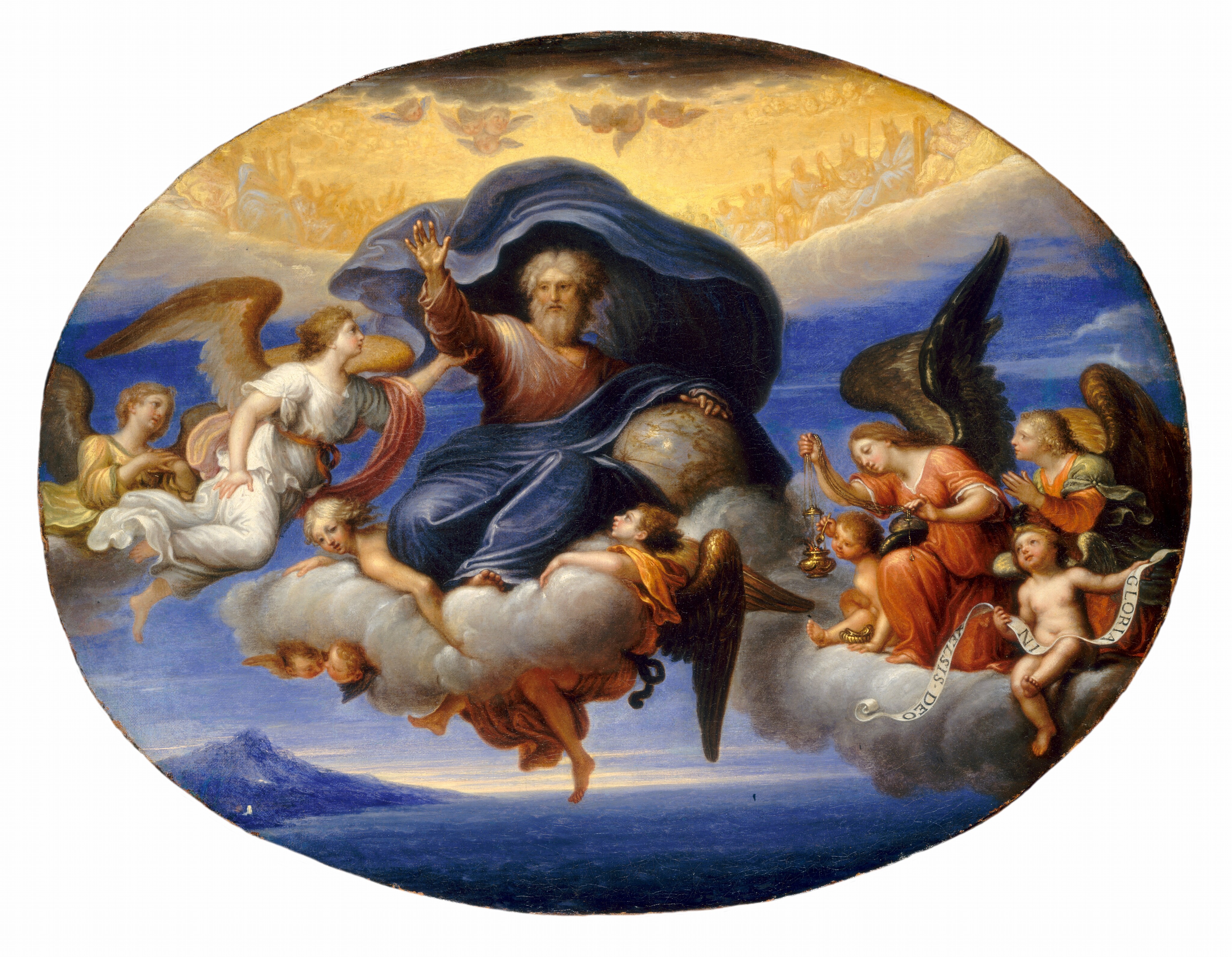 This is an oval painting of a celestial scene featuring divine and angelic figures among clouds. In the center of the painting, a man sits on a cloud, with one arm outstretched and the other holding a large globe. This man has gray hair and wears a red garment with a deep blue cloth draped over his waist that floats up behind his head. The man is surrounded on either side by human figures with wings, some sitting on different clouds while others fly in the air. The sky behind these figures is a deep blue with fluffy white clouds. At the top of the painting is an area of bright yellow with many more angelic figures in the distance. The distant landscape below shows a large mountain on a dark blue landscape.
