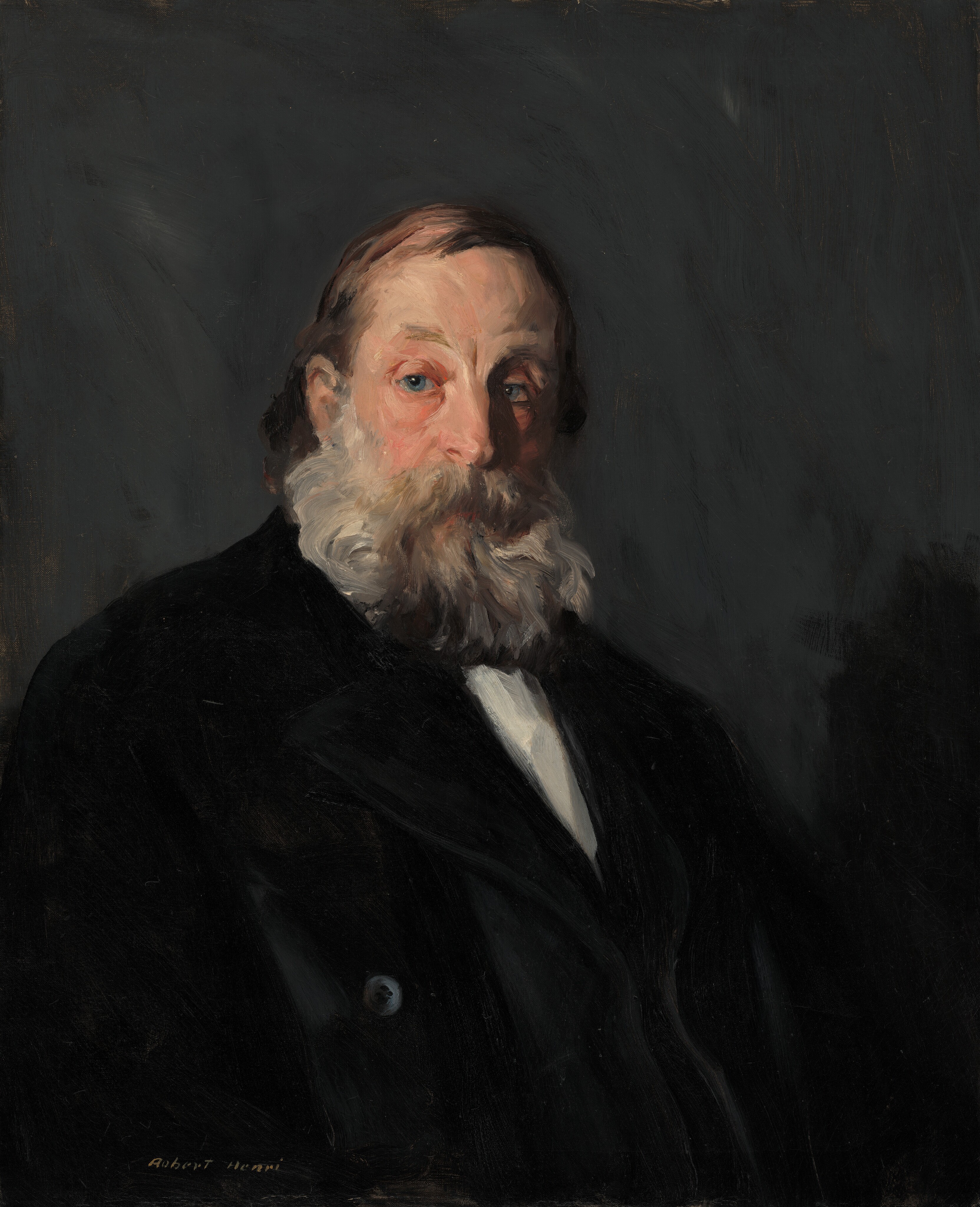 This painting is a portrait of a man shown from the chest up, with his body partially turned to the right and his head facing us, the right side of his face in shadow. The man has pale skin, deep-set light blue eyes, a prominent gray beard and mustache, and thinning dark hair slightly combed back over a high forehead. His mouth is hidden behind his mustache, but it appears to be in a neutral expression. He is wearing a dark coat over a white shirt which is visible at the collar. The background is a muted, dark gray color with visible brushstrokes.