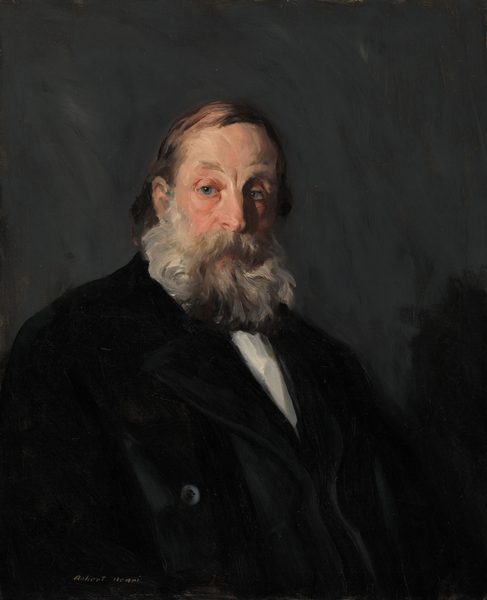 This painting is a portrait of a man shown from the chest up, with his body partially turned to the right and his head facing us, the right side of his face in shadow. The man has pale skin, deep-set light blue eyes, a prominent gray beard and mustache, and thinning dark hair slightly combed back over a high forehead. His mouth is hidden behind his mustache, but it appears to be in a neutral expression. He is wearing a dark coat over a white shirt which is visible at the collar. The background is a muted, dark gray color with visible brushstrokes.