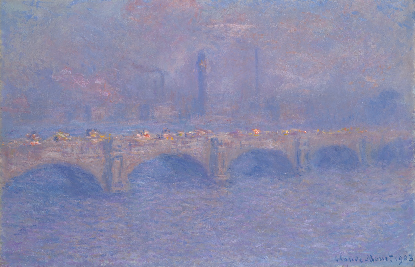 Horizontal oil painting in shades of pale purple, pink, and light blue of a bridge composed of multiple linked archways over water, engulfed in hazy fog. Various indistinct, colorful forms cross the bridge, and factory smokestacks rise in the distance.