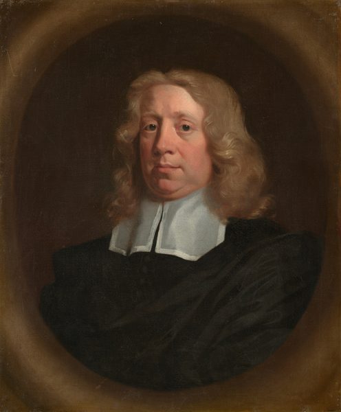 The image is a portrait of a man's upper body. He is facing slightly to the side, with his head turned towards the viewer. The man has wavy, light brown or blonde hair that falls to his shoulders. His facial features include a round face, prominent nose, and light complexion. He is wearing a dark robe with a white collar. No jewelry is visible, and his hands are not shown. The background is a muted brownish hue, creating an oval frame around the figure.