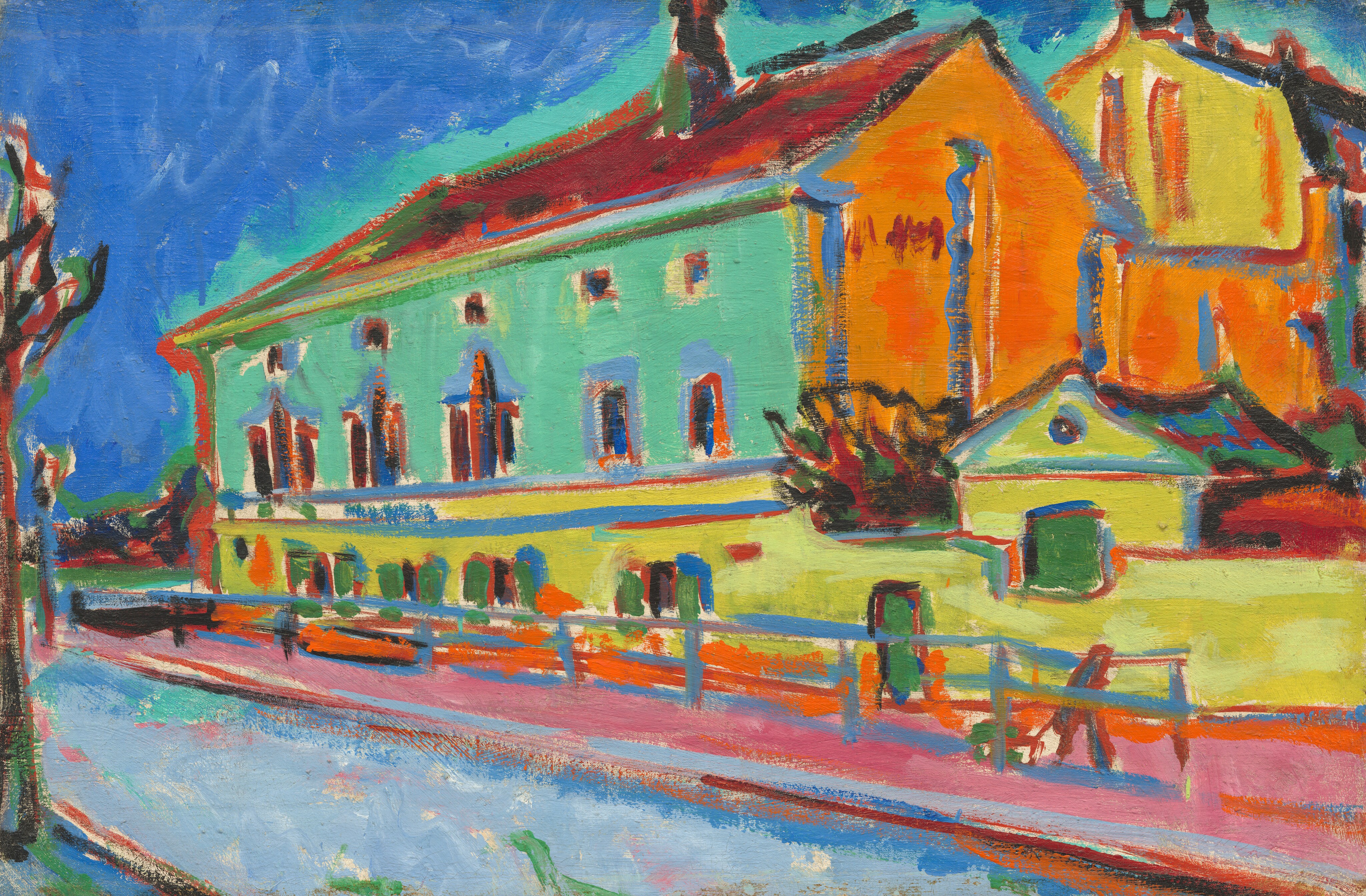 In saturated, vivid tones of mint green, marigold orange, dandelion yellow, sky blue, and rose pink, a long building stretches away from us along a walkway. The narrow end of the building facing us to the right is orange, and the long side is frosty green. The roof is painted garnet red, and the windows are created with slashes of midnight blue and dark red outlined with topaz blue. A wall enclosing the structure is lemon-lime yellow, and a fence in front of that is painted ultramarine blue. The walkway beneath the fence is pink and, to the left of that, pale blue. Two trees painted with twisting lines of ruby red, shamrock green, black, and off white edge into the scene along the left side, and the sky is lapis blue around a mint-green halo that surrounds the building’s roofline and walls. The scene is loosely painted with visible brushstrokes throughout.