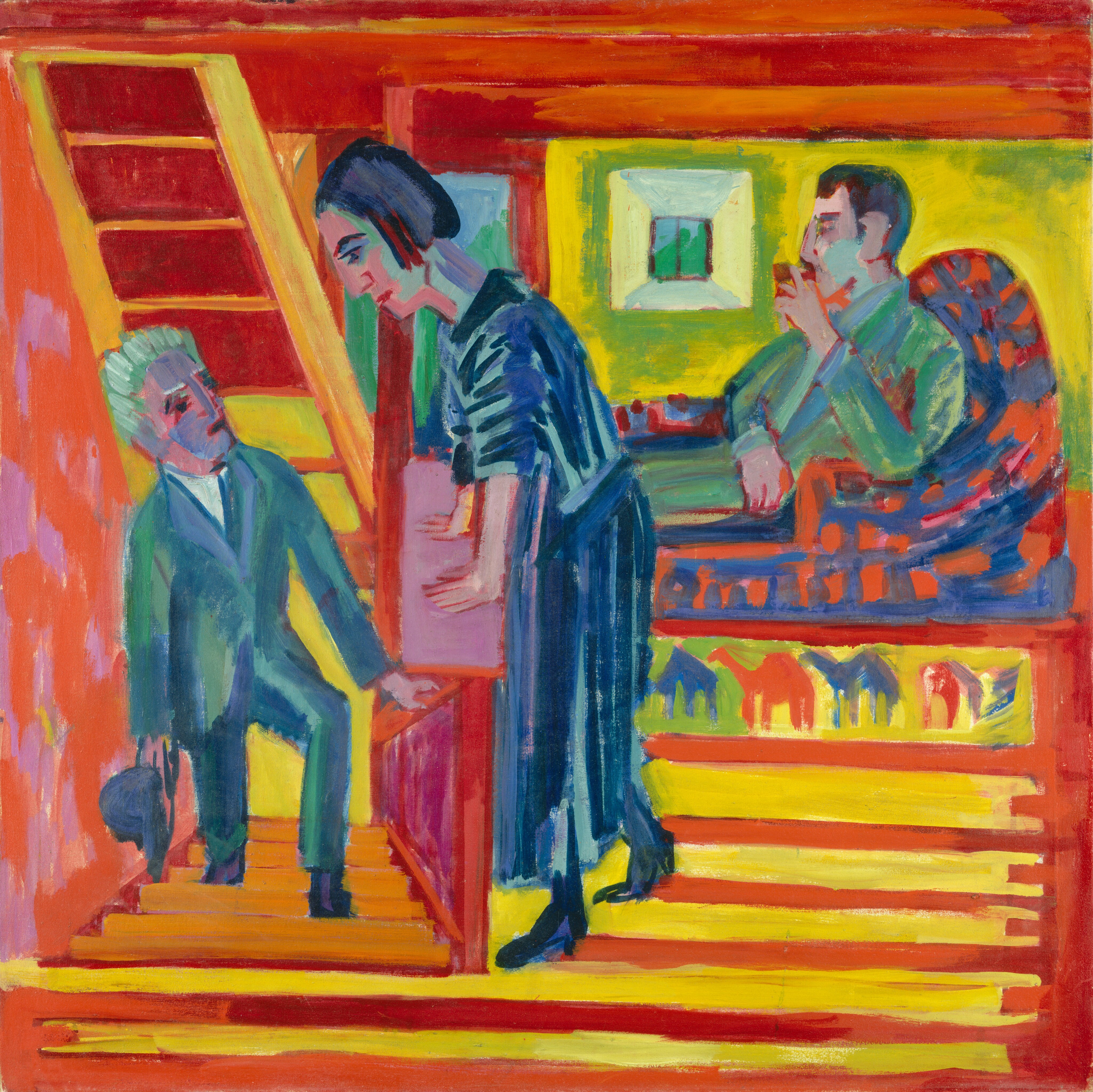 This painting depicts three individuals in a colorful interior. A man on the left is standing on steps that are coming up from below. He wears a green suit with a white shirt underneath it and holds a hat. His hair appears gray, and he's looking up at a woman standing at the top of the stairs. The woman is turned to the left, looking down at him, with her hands on top of the stair railing. She is wearing a blue striped dress and has short, dark hair. On the right, a man is seated on a patterned orange-and-blue sofa, holding something near his mouth and wearing a green suit. He is also facing the left, looking towards the stairs, and there is a small green window behind him. The people’s skin is painted in shades of pink, purple, and teal. The background of the image includes bold horizontal stripes of red and yellow, with some areas of green behind the man in the chair. The colors in the painting are bright and vibrant, and have been applied with thick, visible brushstrokes.