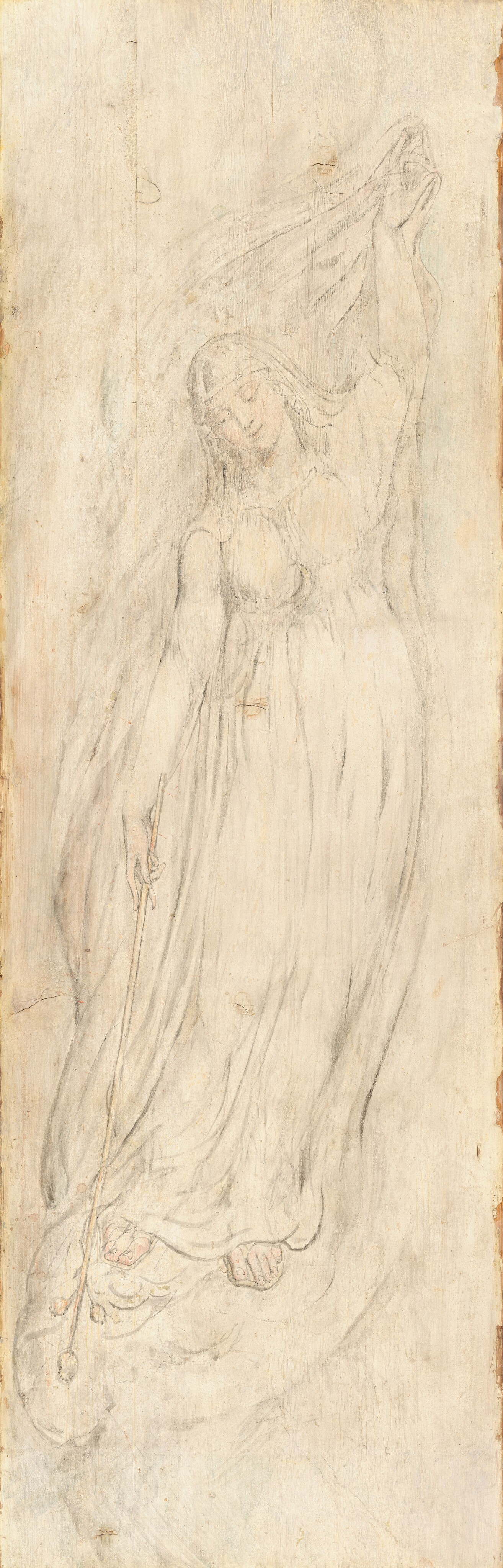 This painting depicts a woman in a flowing dress. She faces us, with one arm extended downward and the other arm raised above her head. Her raised hand appears to hold the edge of a flowing cloth that drapes down behind her. A different cloth covers her head, and her facial features include thin, arched eyebrows, a straight nose, and small, slightly smiling lips. She wears a long gown with what looks like a crescent moon on her chest, and she is barefoot, with her toes visible below the edge of her dress. She holds a wand-like object in her hand, extended towards the bottom left corner. The wand appears to be topped with three flowers or buds. The background is plain beige paper, and the lines of the painting have been done in pale gray.