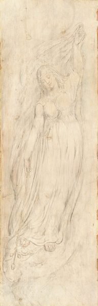 This painting depicts a woman in a flowing dress. She faces us, with one arm extended downward and the other arm raised above her head. Her raised hand appears to hold the edge of a flowing cloth that drapes down behind her. A different cloth covers her head, and her facial features include thin, arched eyebrows, a straight nose, and small, slightly smiling lips. She wears a long gown with what looks like a crescent moon on her chest, and she is barefoot, with her toes visible below the edge of her dress. She holds a wand-like object in her hand, extended towards the bottom left corner. The wand appears to be topped with three flowers or buds. The background is plain beige paper, and the lines of the painting have been done in pale gray.